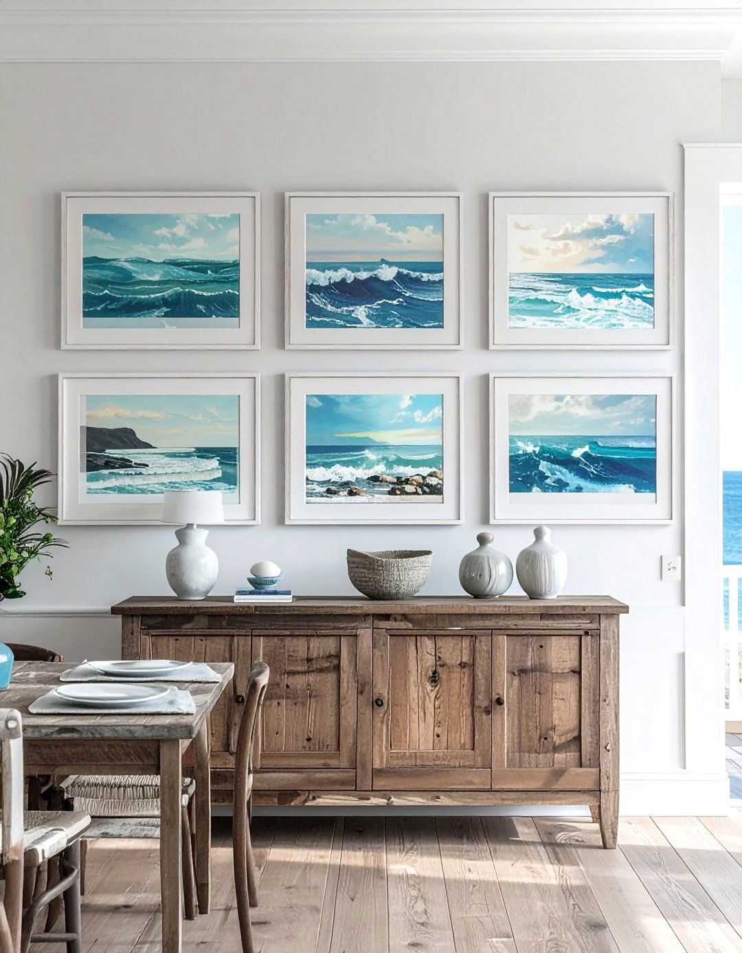 A Gallery Wall of Seascapes in a Coastal Dining Room - 20 Coastal Dining Room Ideas for a Beachy Vibe