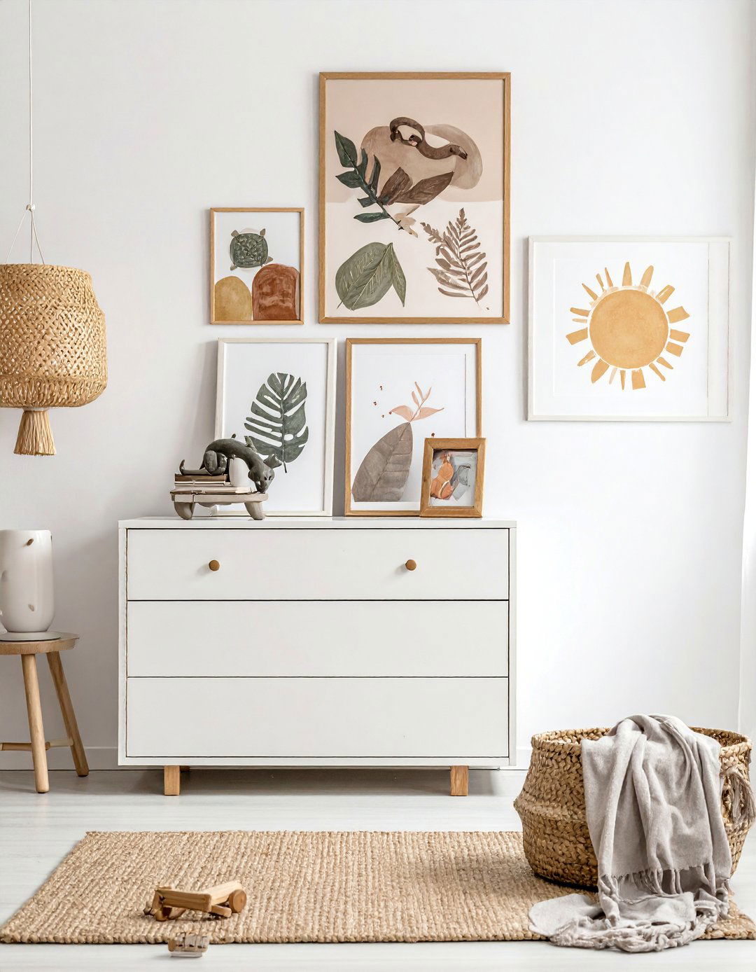 A Gallery Wall with Earthy Art in a Boho Toddler Room - 20 Boho Toddler Room Ideas for a Chic and Playful Space