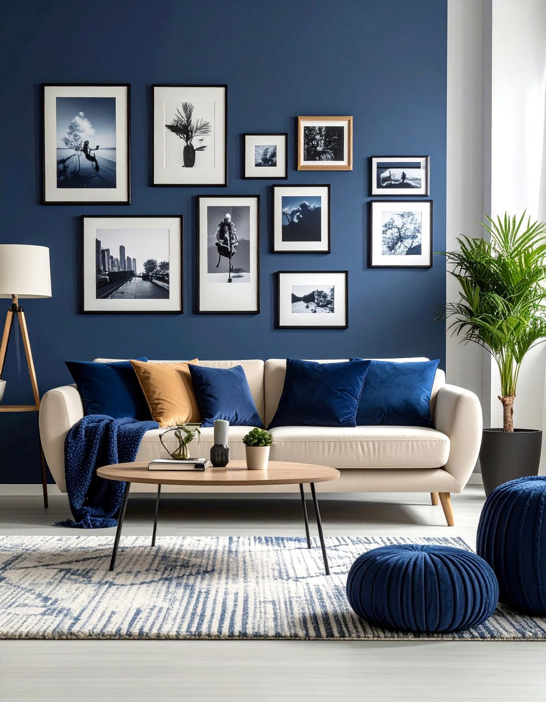 A Gallery Wall with Navy and Cream Prints - 25 Navy and Cream Living Room Ideas for Timeless Elegance