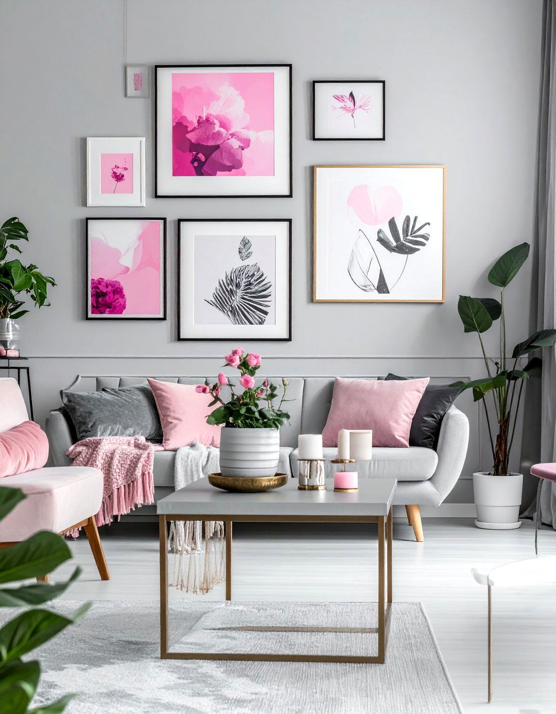 A Gallery Wall with Pink and Grey Tones - 25 Pink and Grey Living Room Ideas for a Modern Look