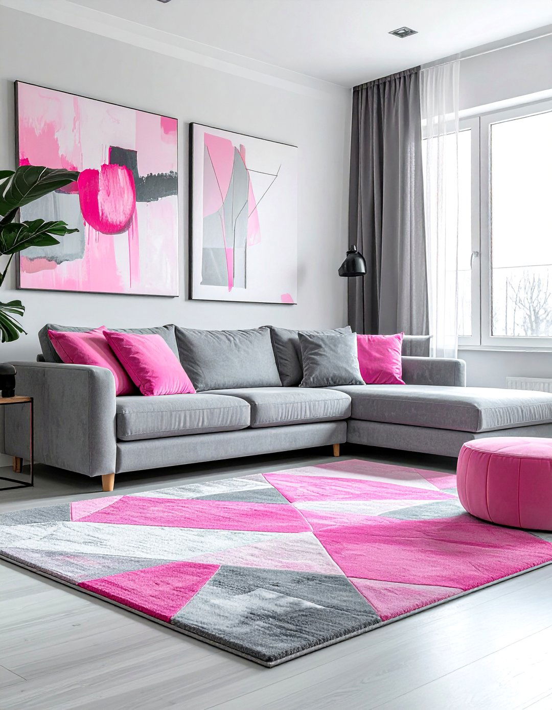 A Geometric Pink and Grey Area Rug - 25 Pink and Grey Living Room Ideas for a Modern Look