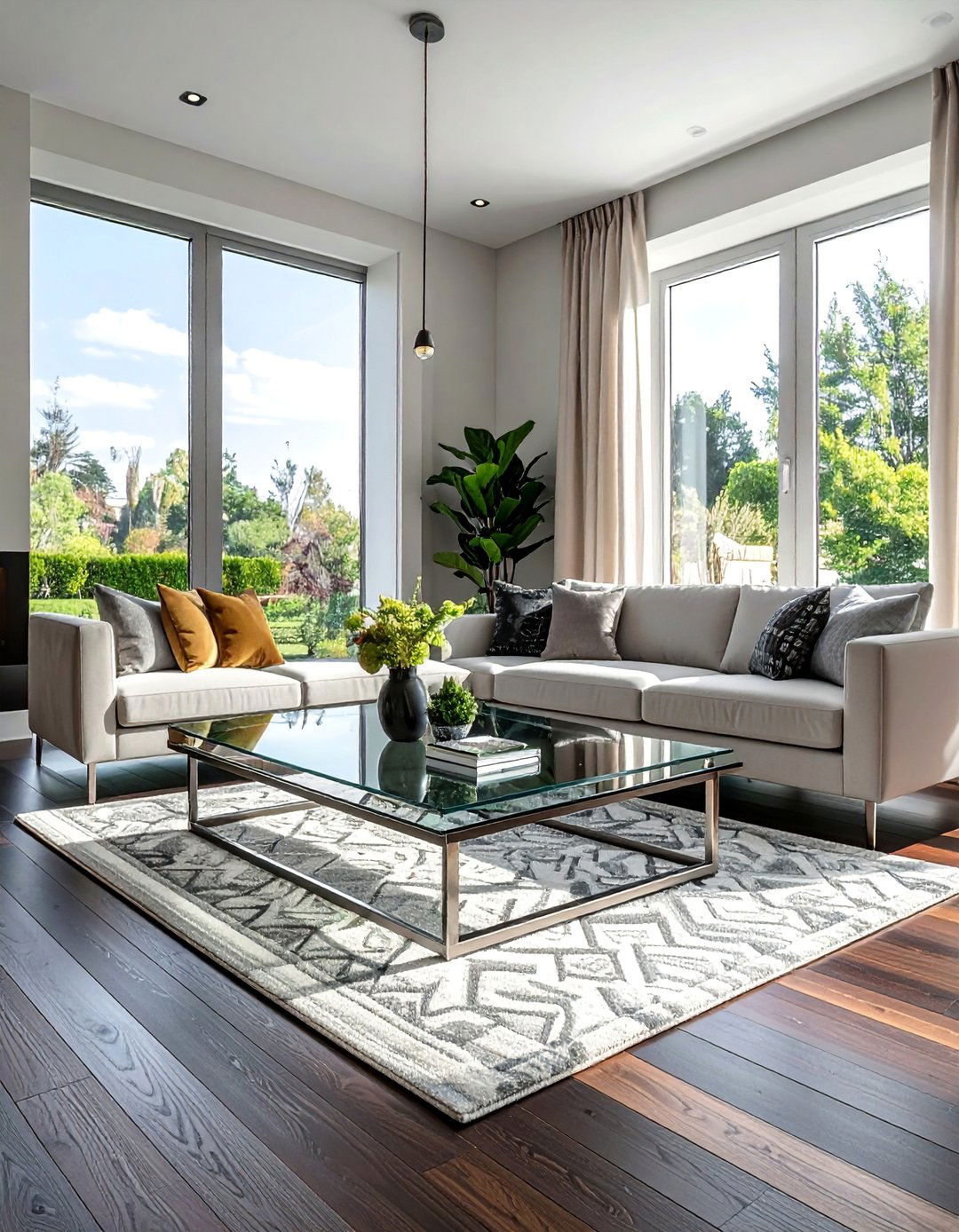 A Glass Coffee Table to Maintain an Open Feel - 30 Dark Brown Floor Living Room Ideas for a Warm Ambiance