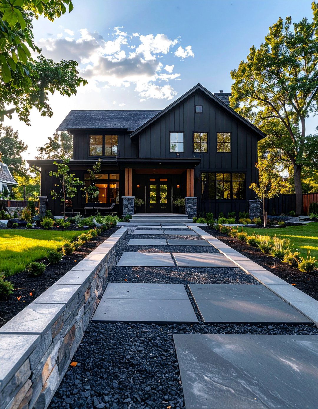 A Gravel and Paver Driveway - 40 Black Modern Farmhouse Exterior Design Ideas for a Sleek Look