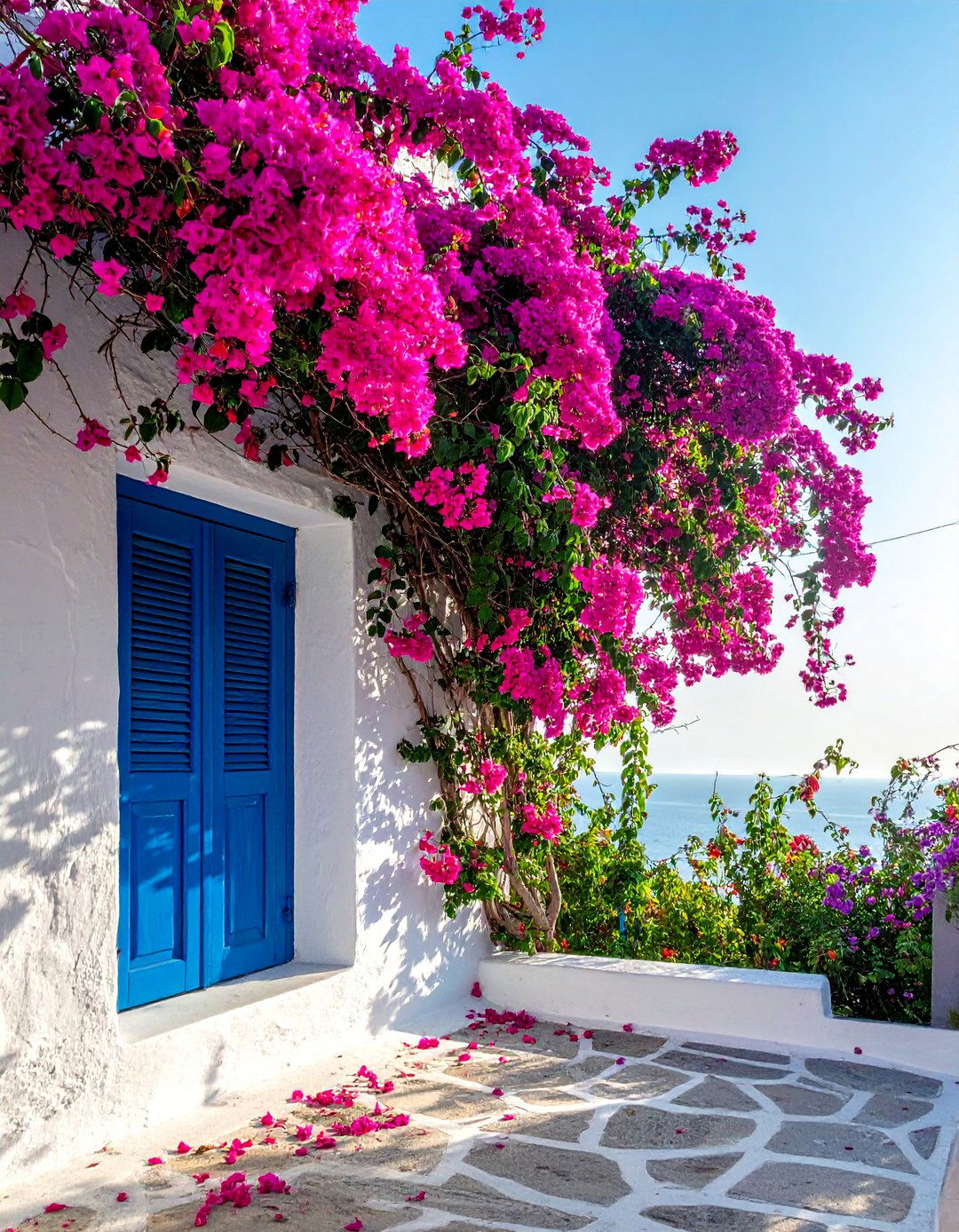 A Greek Garden Adorned with Bougainvillea Vines - 30 Greek Garden Ideas for a Mediterranean Oasis