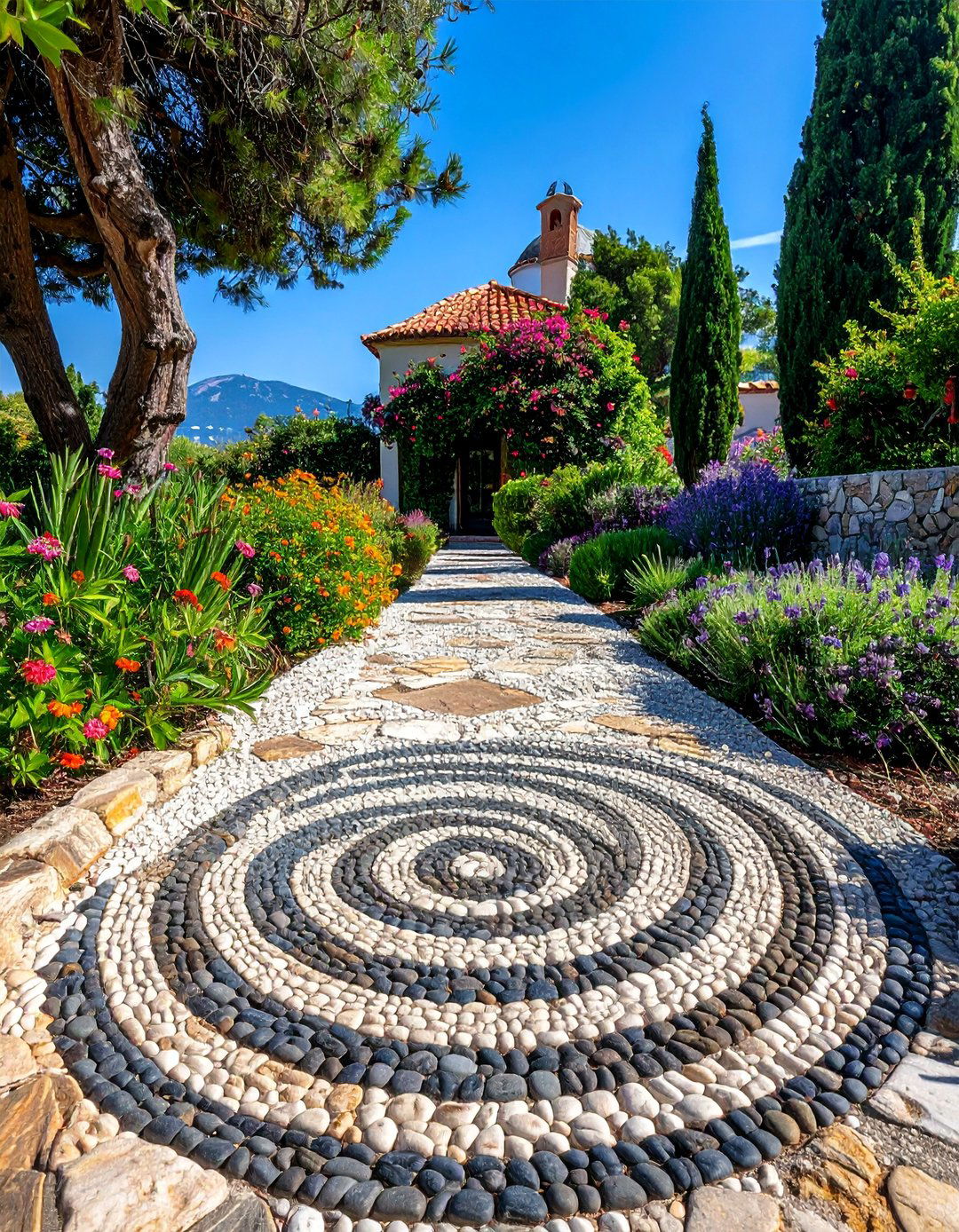 A Greek Garden with Mosaic Tile Details - 30 Greek Garden Ideas for a Mediterranean Oasis