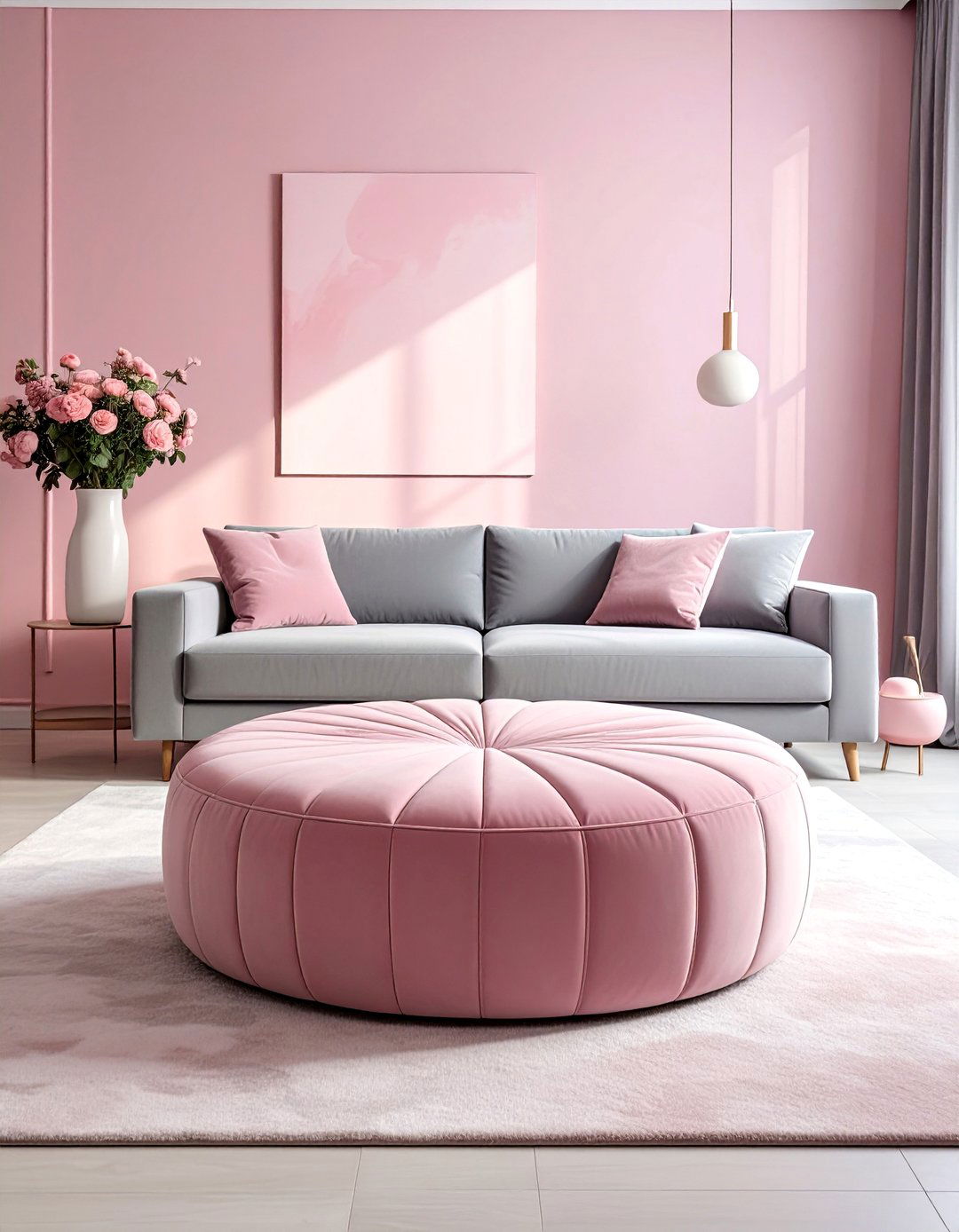 A Grey Sofa with a Large Pink Ottoman - 25 Pink and Grey Living Room Ideas for a Modern Look