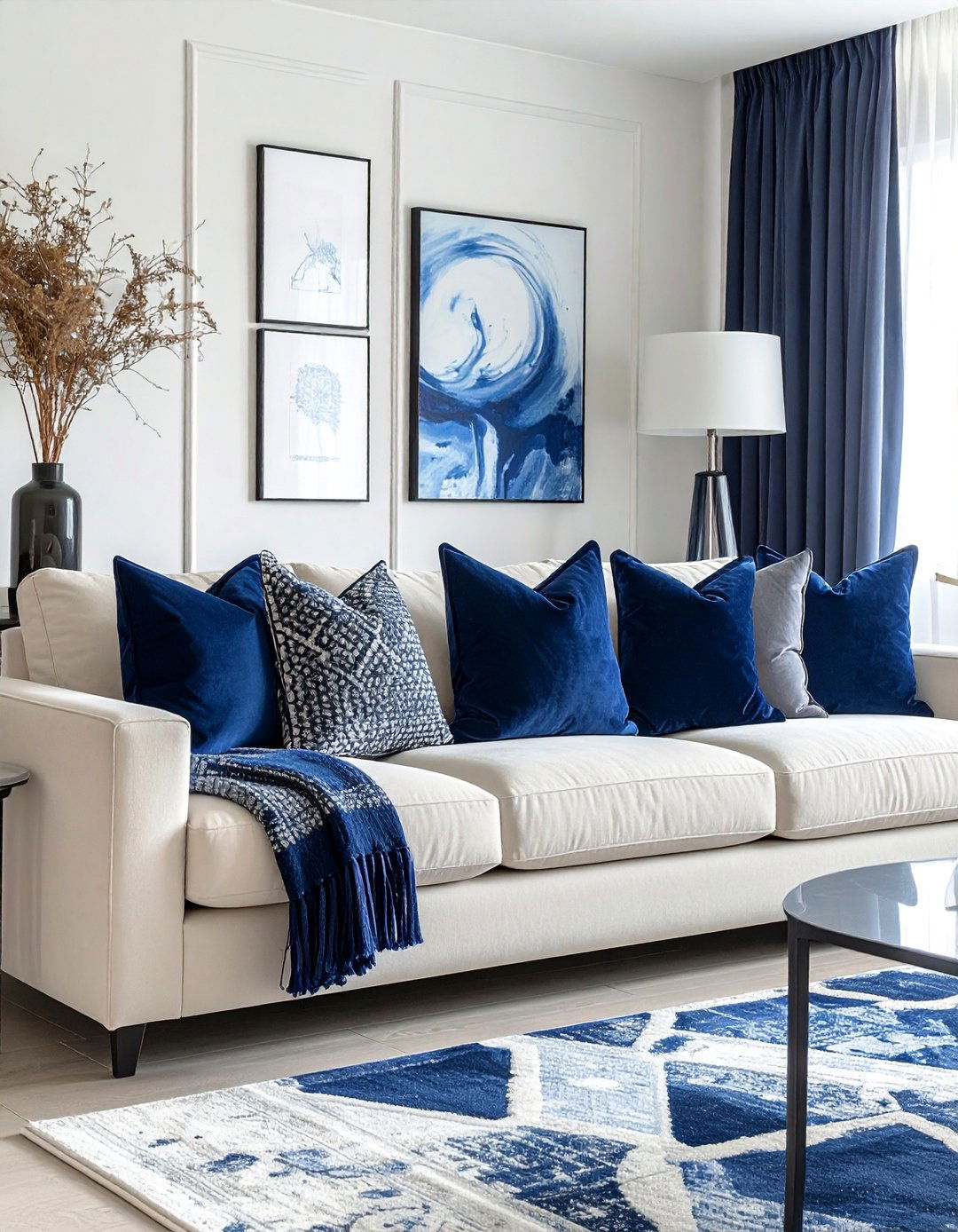 A Large Cream Sectional with Navy Accents - 25 Navy and Cream Living Room Ideas for Timeless Elegance