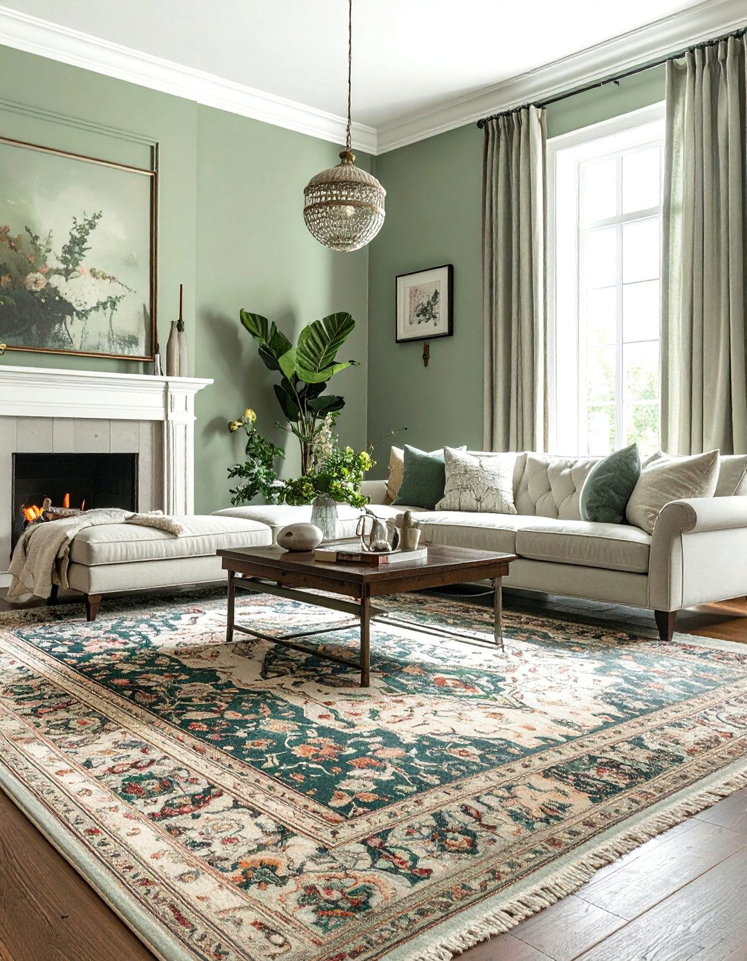 A Large Distressed Area Rug - 25 Rustic Sage Green Living Room Ideas for Serenity