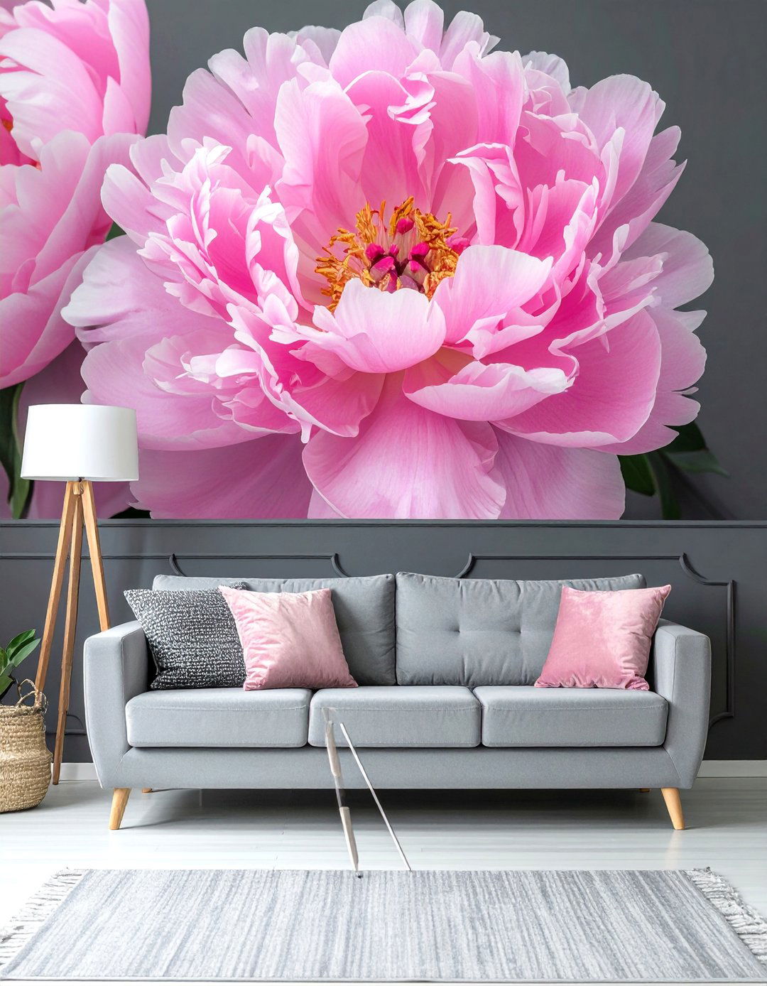 A Large Floral Wallpaper as a Pink and Grey Feature - 25 Pink and Grey Living Room Ideas for a Modern Look