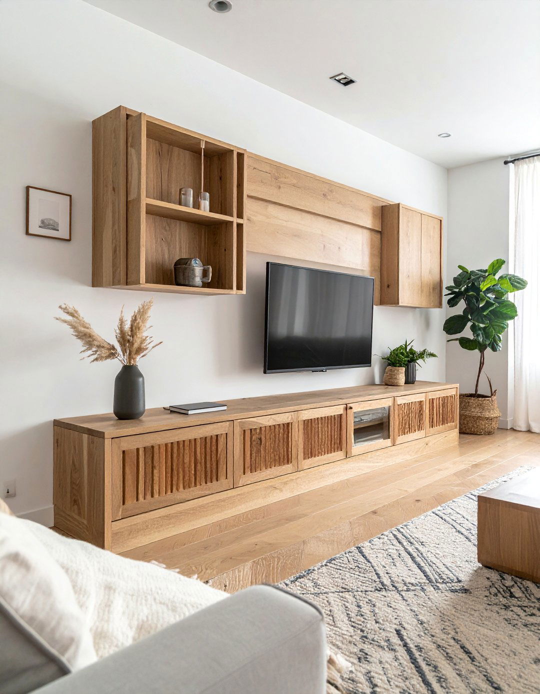 A Low Profile Media Console in Light Oak - 30 Rustic Scandinavian Living Room Ideas for a Cozy Vibe