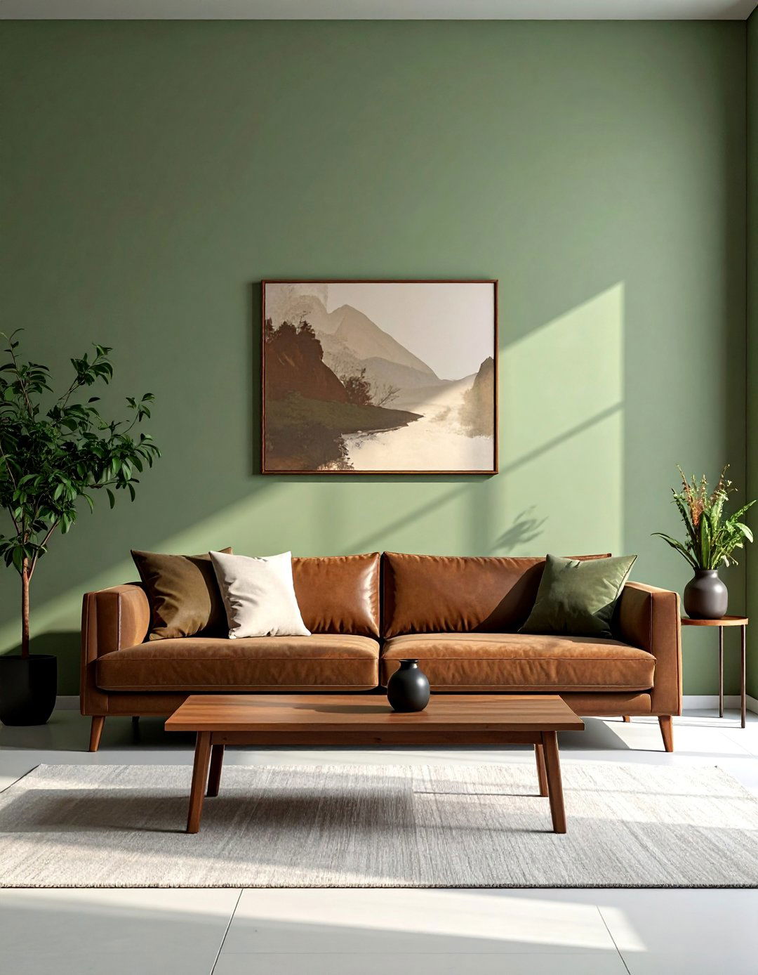 A Minimalist Design with Clean Lines - 20 Sage Green and Brown Living Room Ideas for Balance