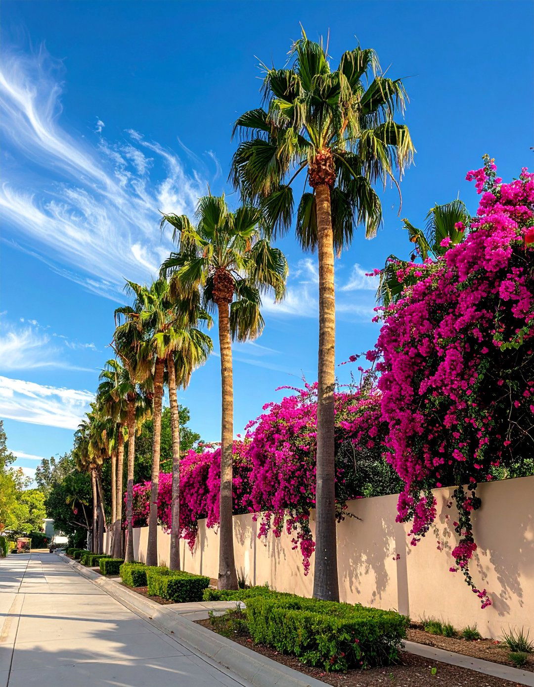 A Mix of Palms and Colorful Bougainvillea - 35 Front Yard Palm Tree Landscape Design Ideas