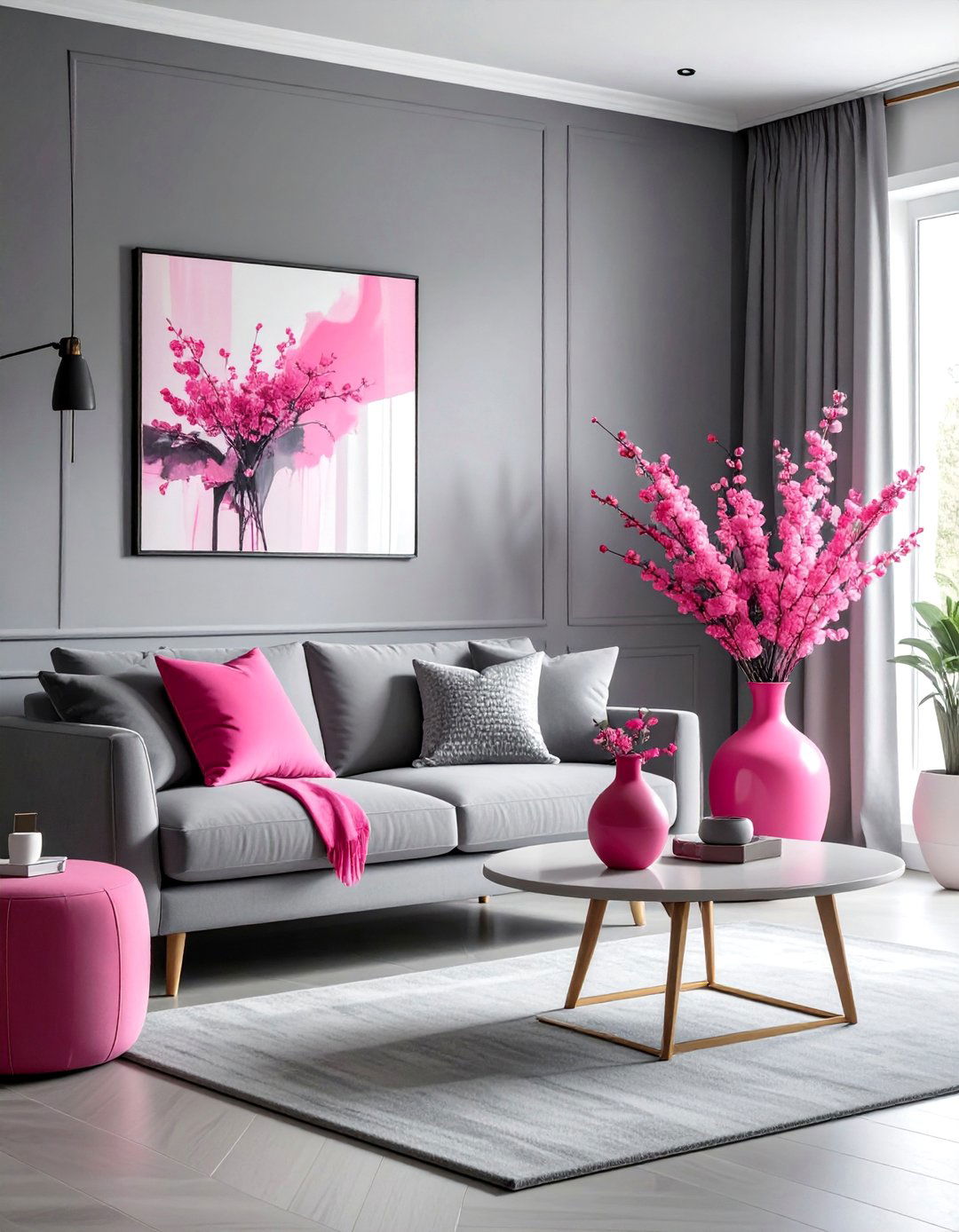 A Monochromatic Grey Scheme with Pink Accessories - 25 Pink and Grey Living Room Ideas for a Modern Look