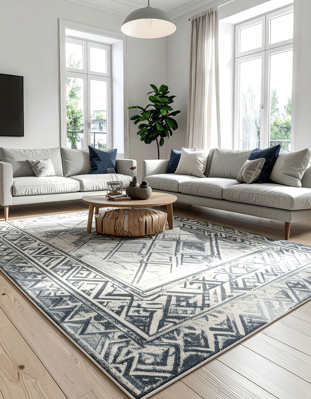 A Muted Pattern Area Rug - 30 Rustic Scandinavian Living Room Ideas for a Cozy Vibe
