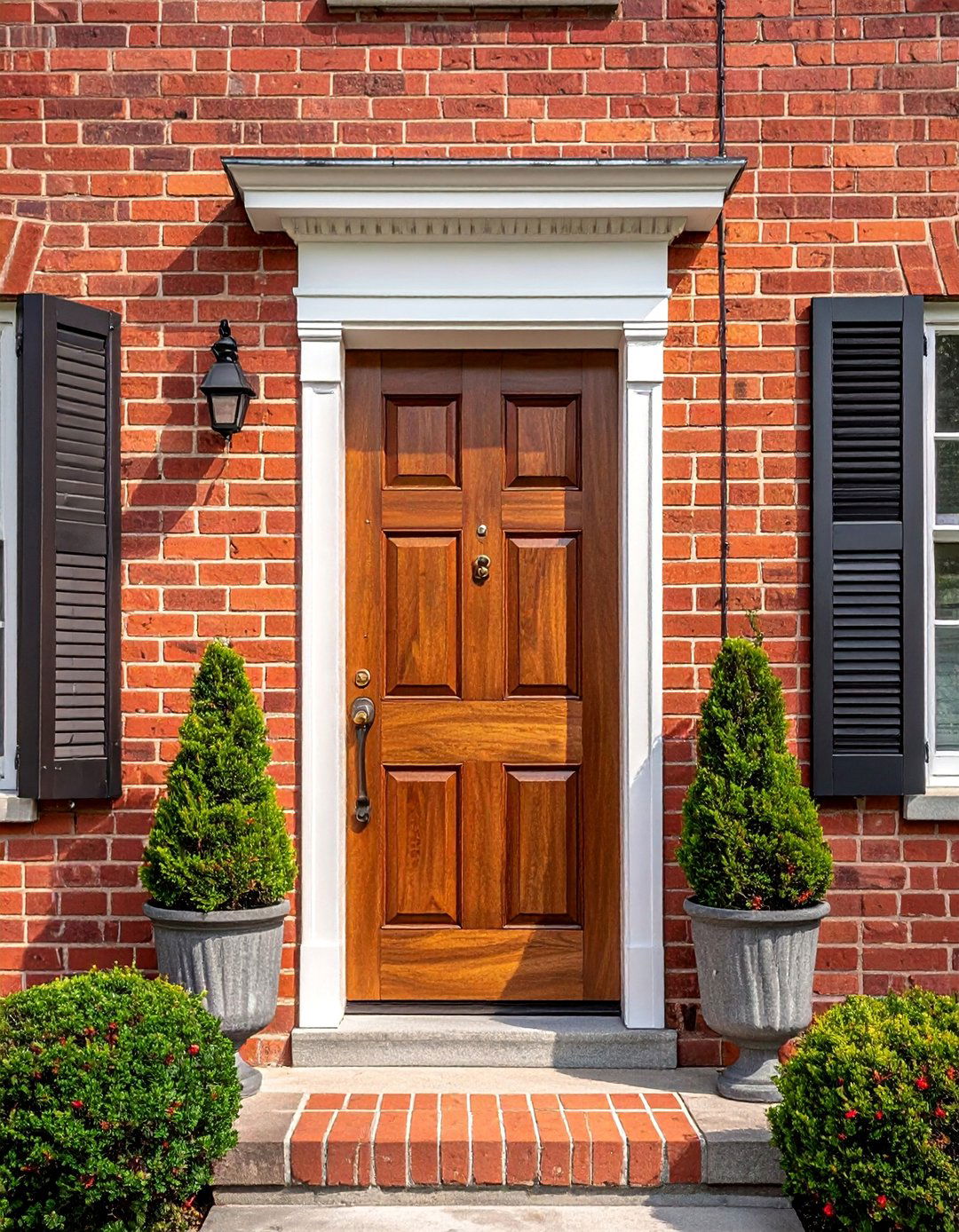 A Natural Wood Stain Colonial Front Door - 20 Colonial Front Door Ideas for Timeless Curb Appeal