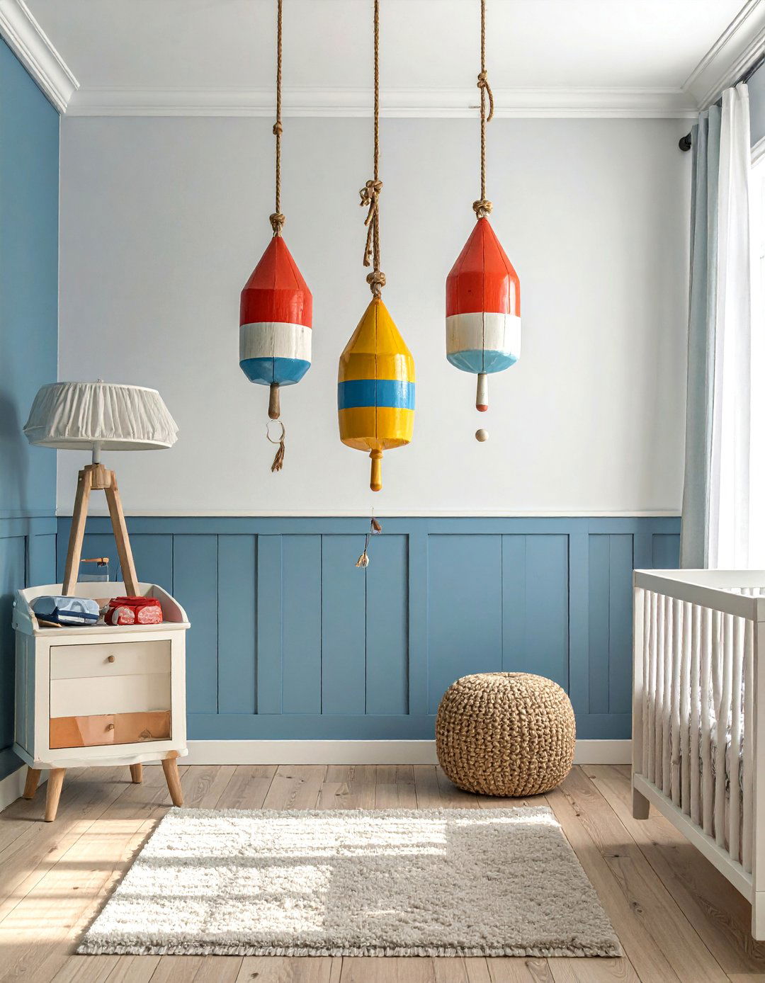A Nautical Nursery with Buoy Decorations - 25 Nautical Nursery Ideas for a Coastal-Themed Baby Room