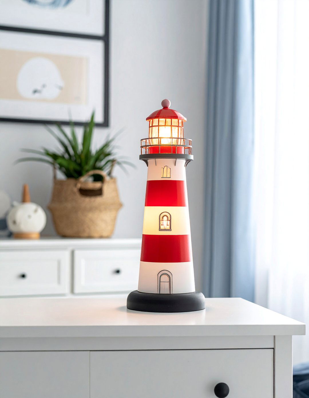 A Nautical Nursery with Lighthouse Lamps - 25 Nautical Nursery Ideas for a Coastal-Themed Baby Room