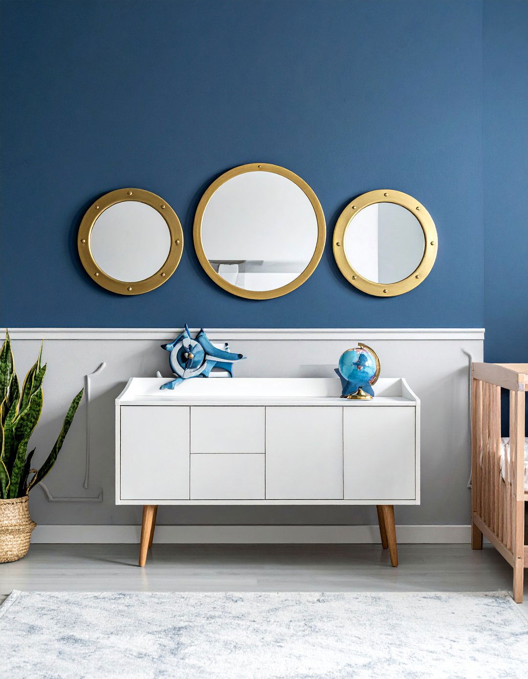 A Nautical Nursery with Porthole Style Mirrors - 25 Nautical Nursery Ideas for a Coastal-Themed Baby Room