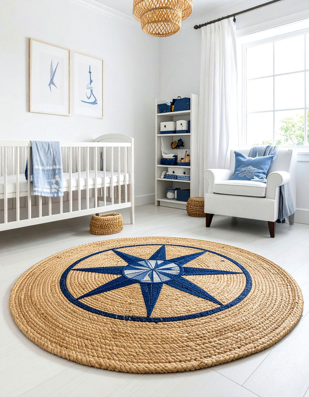 A Nautical Nursery with a Compass Rose Rug - 25 Nautical Nursery Ideas for a Coastal-Themed Baby Room