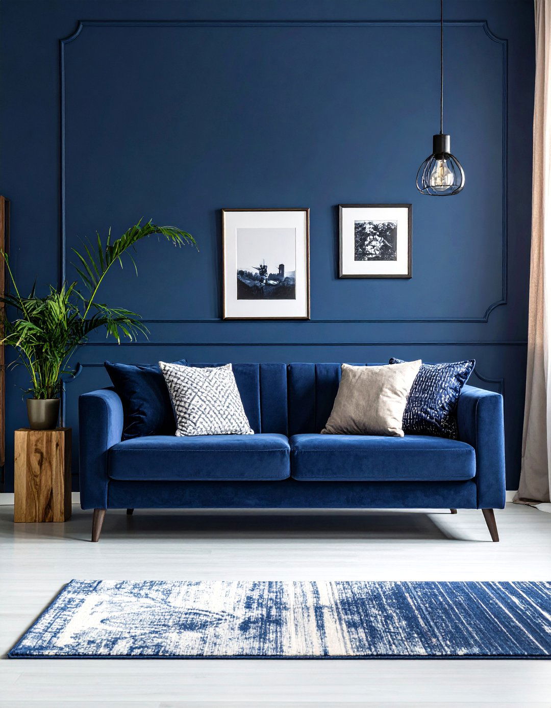A Navy Accent Wall Behind a Cream Sofa - 25 Navy and Cream Living Room Ideas for Timeless Elegance