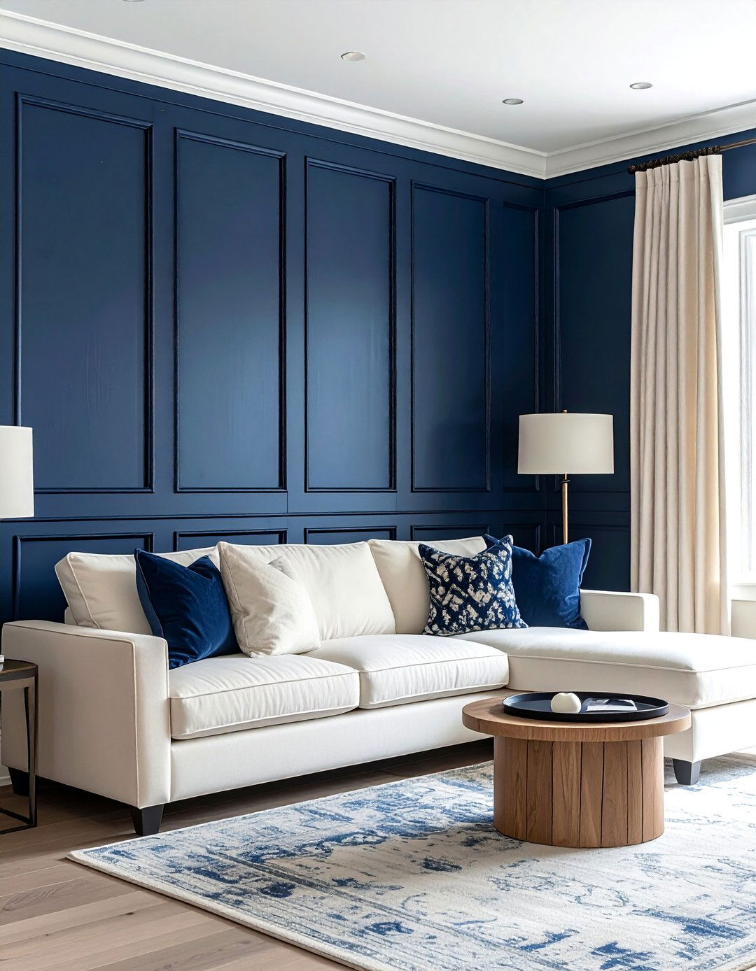 A Navy Paneled Wall for Textural Dimension - 25 Navy and Cream Living Room Ideas for Timeless Elegance