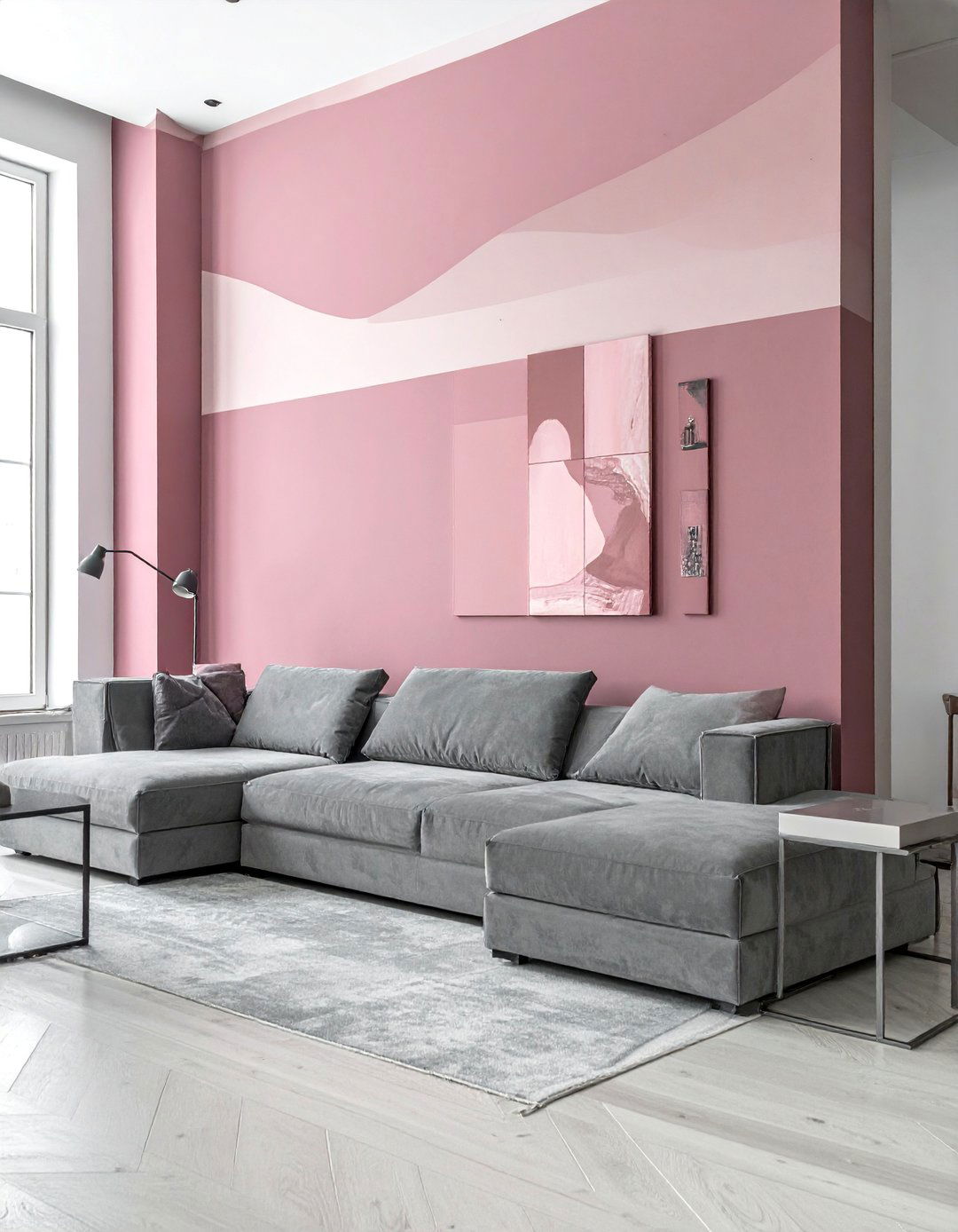 A Pink Accent Wall Behind a Grey Sectional - 25 Pink and Grey Living Room Ideas for a Modern Look