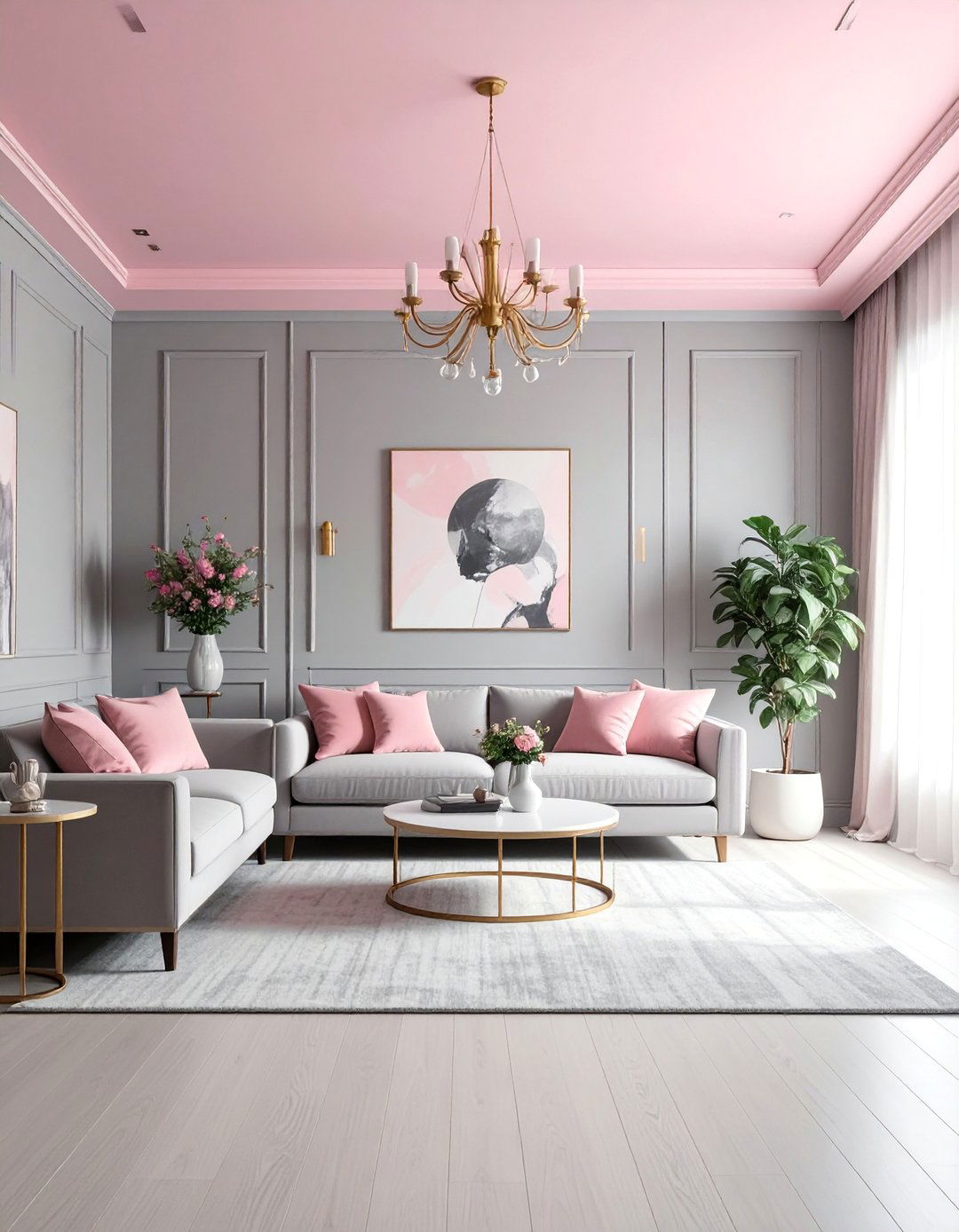 A Pink Ceiling in a Grey Living Room - 25 Pink and Grey Living Room Ideas for a Modern Look