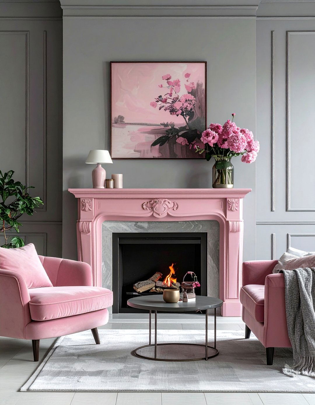 A Pink Fireplace Surround in a Grey Room - 25 Pink and Grey Living Room Ideas for a Modern Look