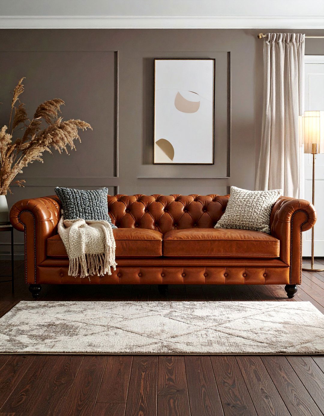 A Plush Leather Sofa as a Centerpiece on Dark Brown Floors - 30 Dark Brown Floor Living Room Ideas for a Warm Ambiance