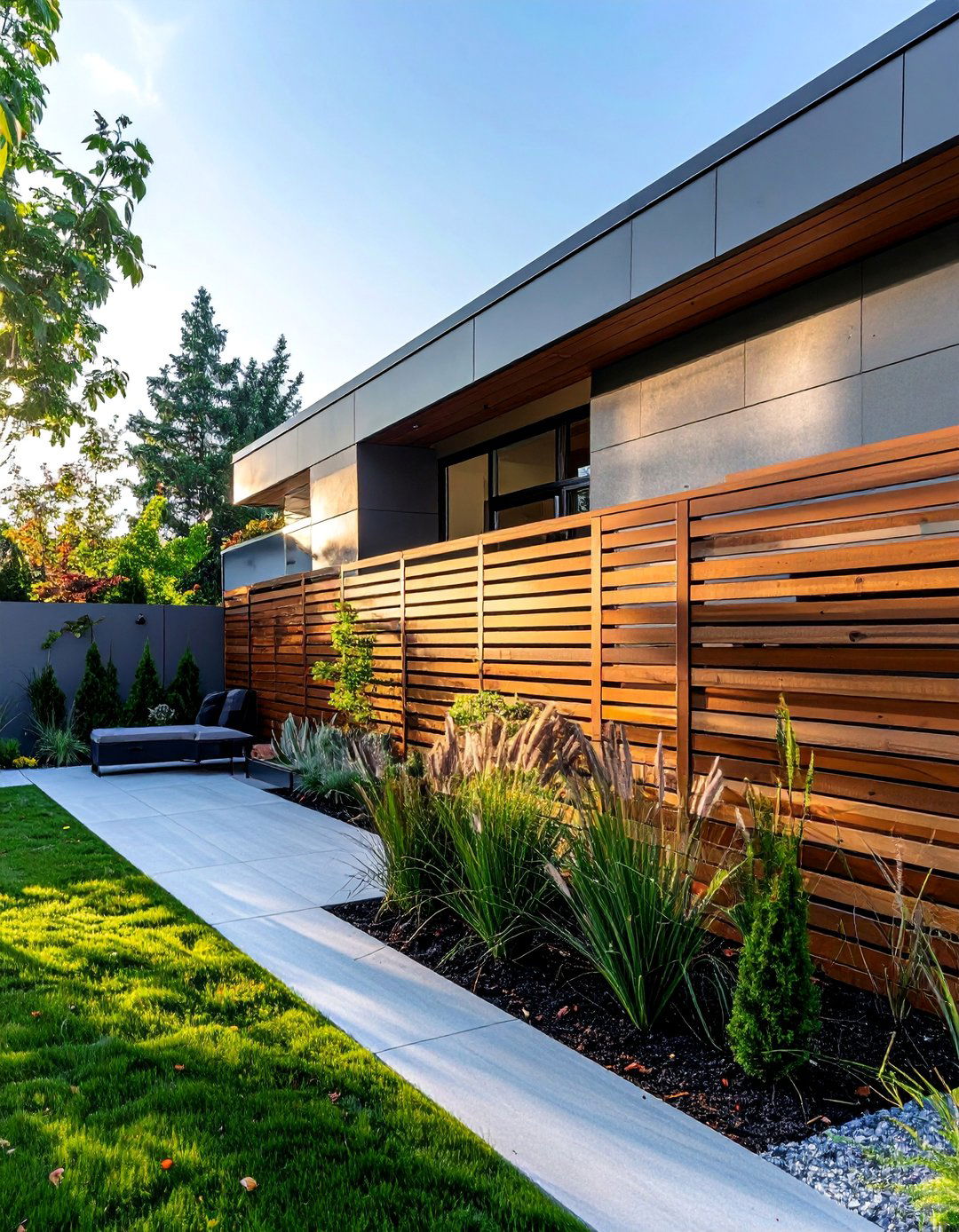 A Privacy Wall with Modern Lines for a Transitional Home Exterior - 30 Transitional Home Exterior Ideas for Modern Appeal