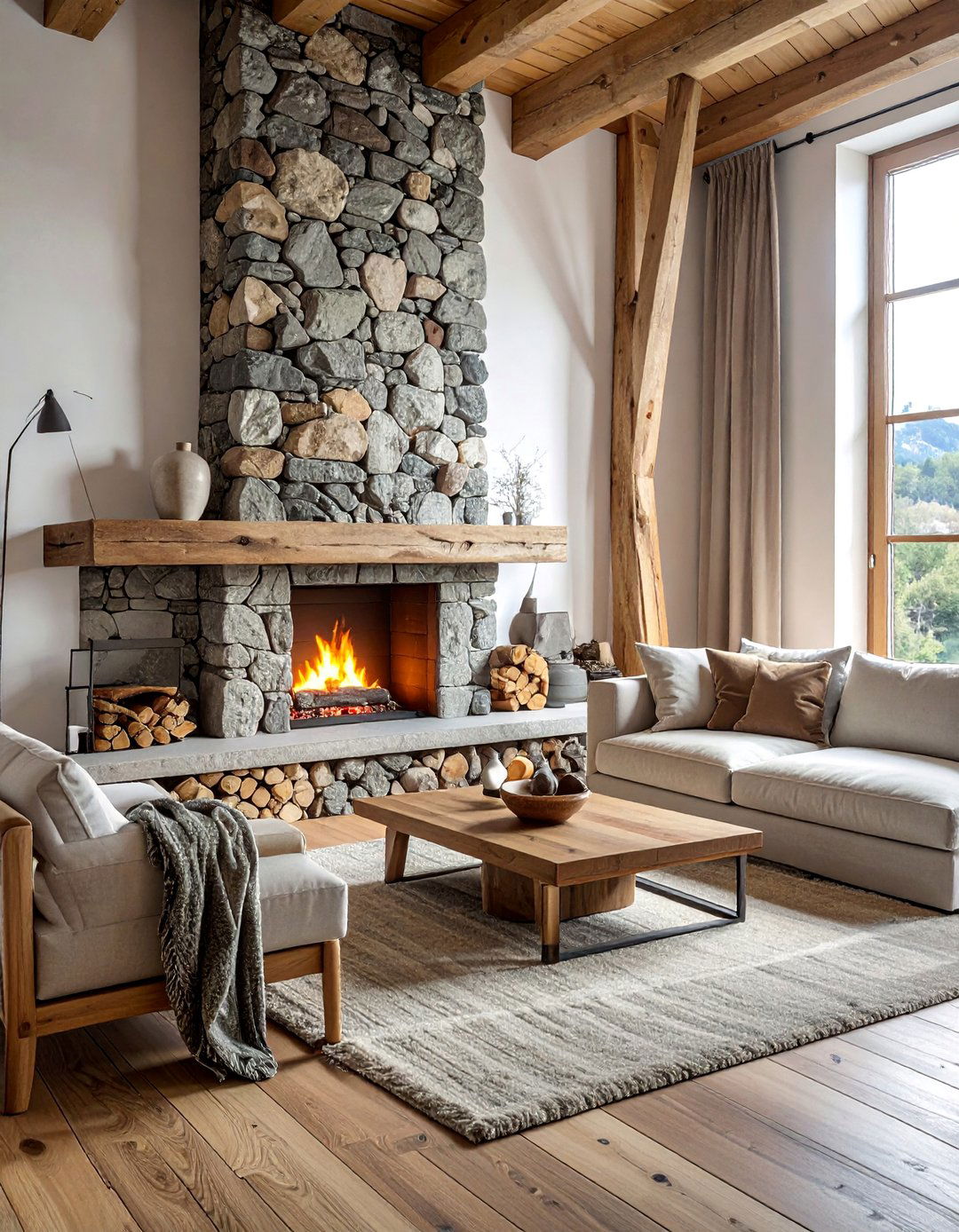 A Raw Stone Fireplace in a Rustic Scandinavian Living Room - 30 Rustic Scandinavian Living Room Ideas for a Cozy Vibe