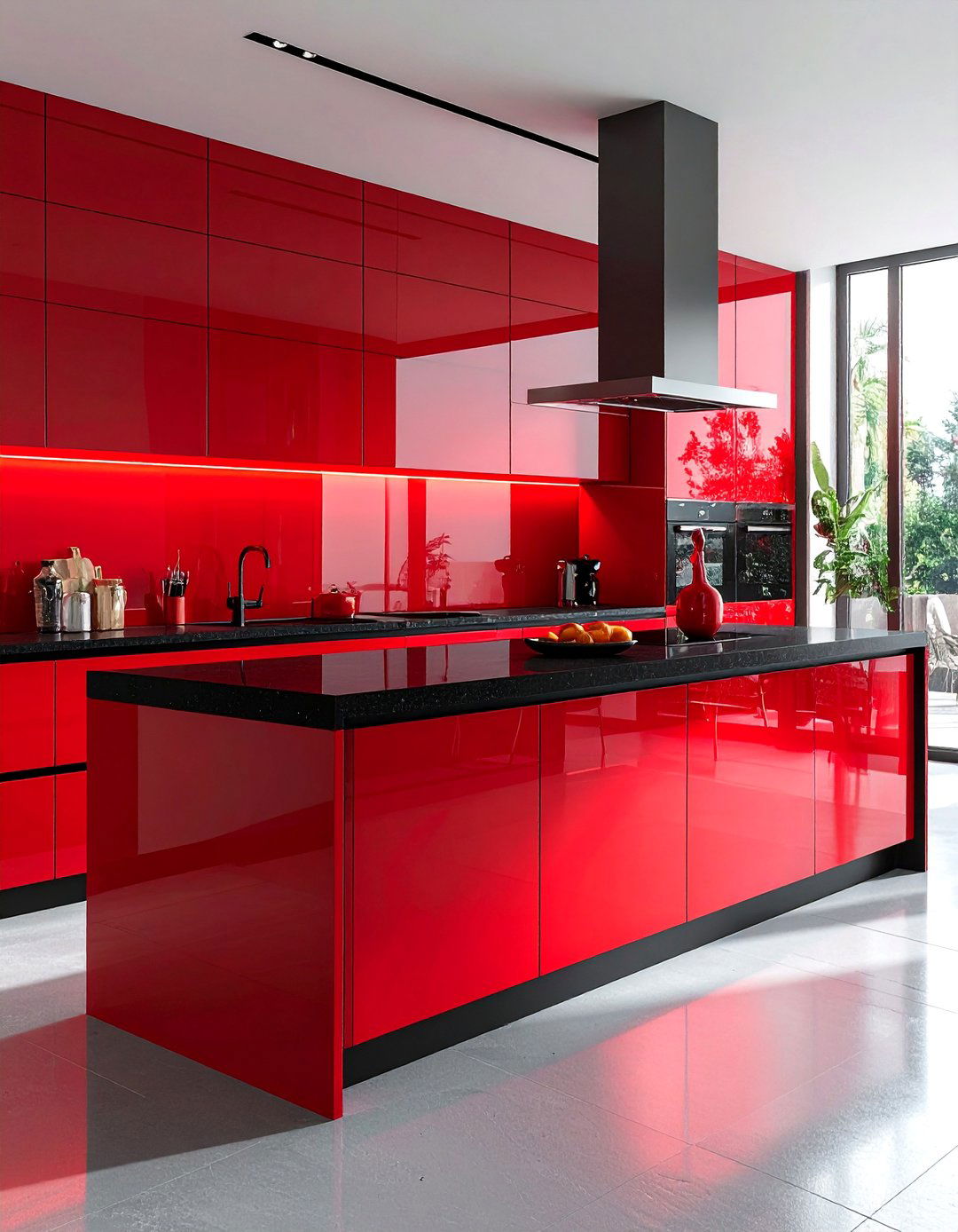 A Red Back Painted Glass Backsplash