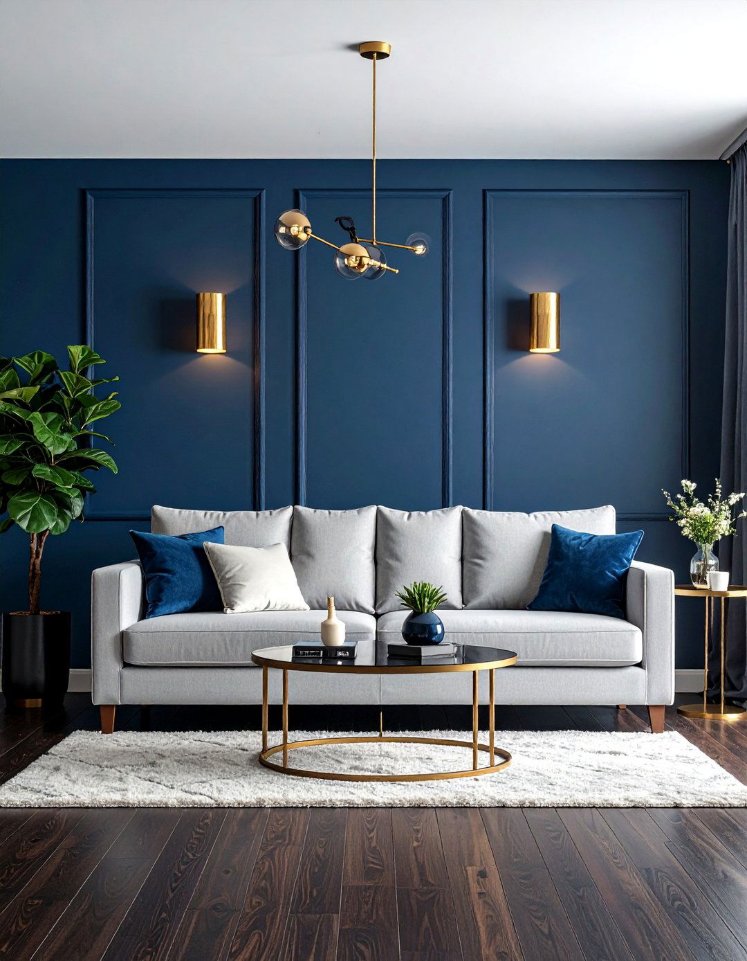 A Rich Navy Blue Accent Wall to Complement Dark Brown Floors - 30 Dark Brown Floor Living Room Ideas for a Warm Ambiance