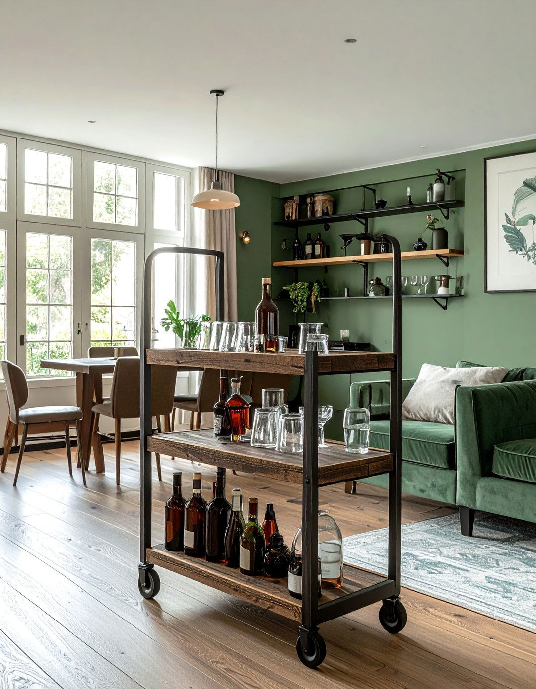 A Rustic Bar Cart for Entertaining - 25 Rustic Sage Green Living Room Ideas for Serenity