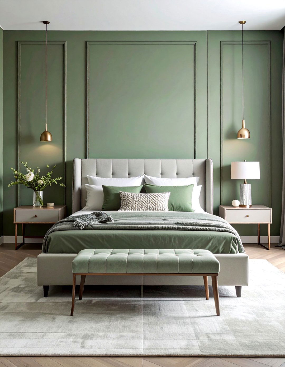 A Sage Green Accent Wall with Light Grey Furniture - 25 Sage Green and Grey Bedroom Ideas for a Relaxing Retreat