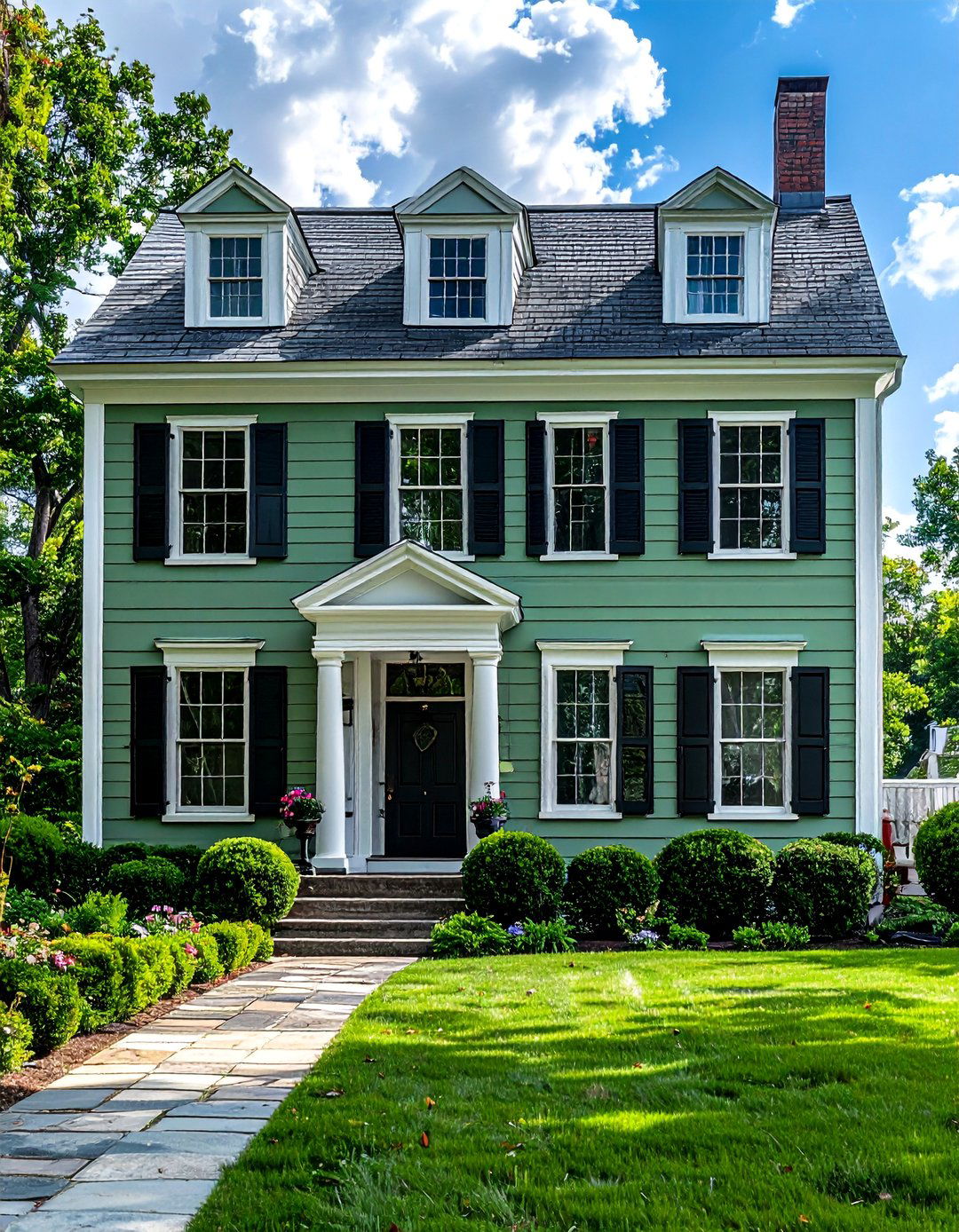 A Sage Green House in a Colonial Style - 30 Sage Green House Exterior Ideas for a Calm Look