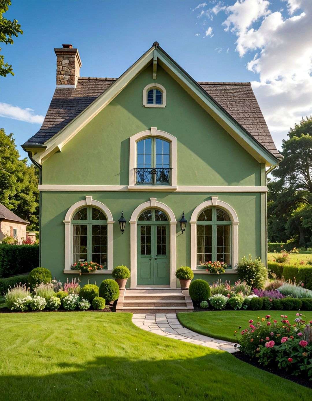 A Sage Green House with Arched Windows - 30 Sage Green House Exterior Ideas for a Calm Look