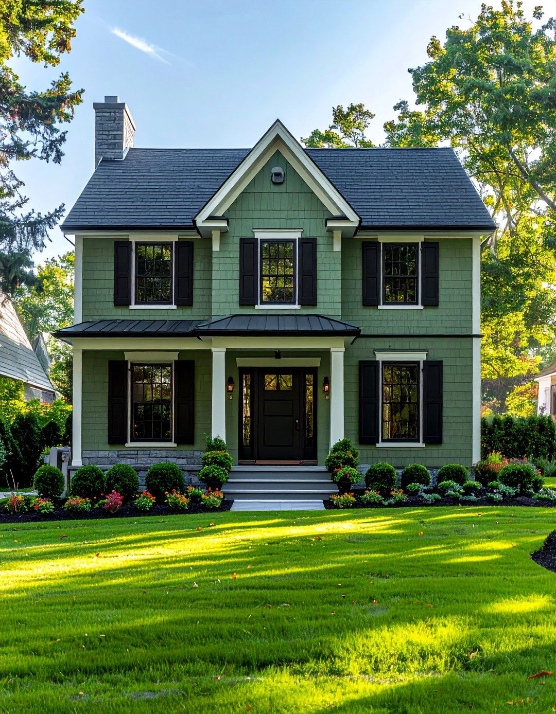 A Sage Green House with Black Shutters and Accents - 30 Sage Green House Exterior Ideas for a Calm Look