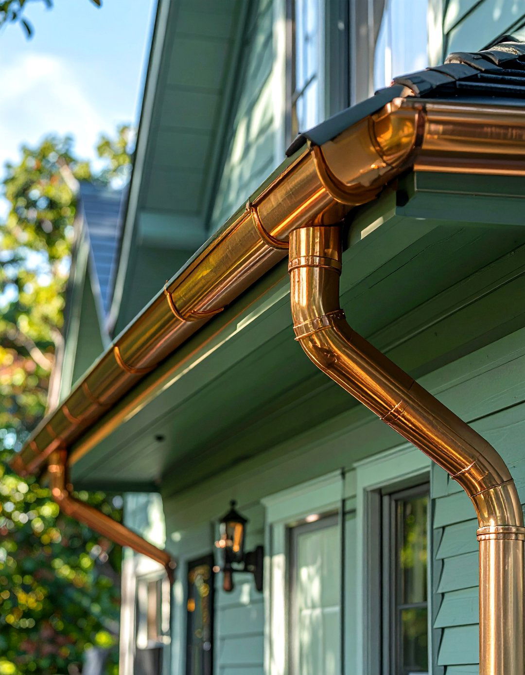 A Sage Green House with Copper Gutters and Downspouts - 30 Sage Green House Exterior Ideas for a Calm Look
