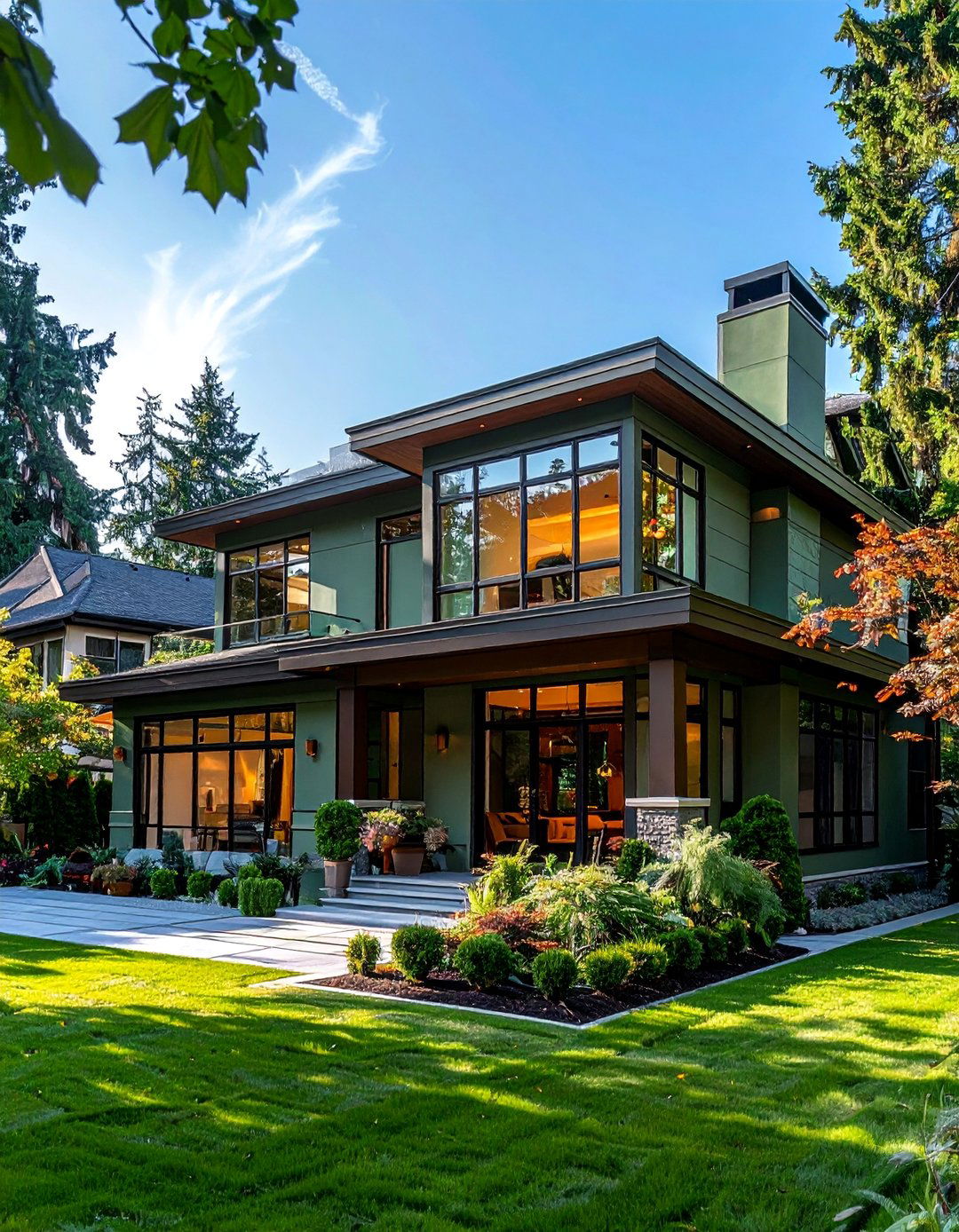 A Sage Green House with Dark Bronze Window Frames - 30 Sage Green House Exterior Ideas for a Calm Look