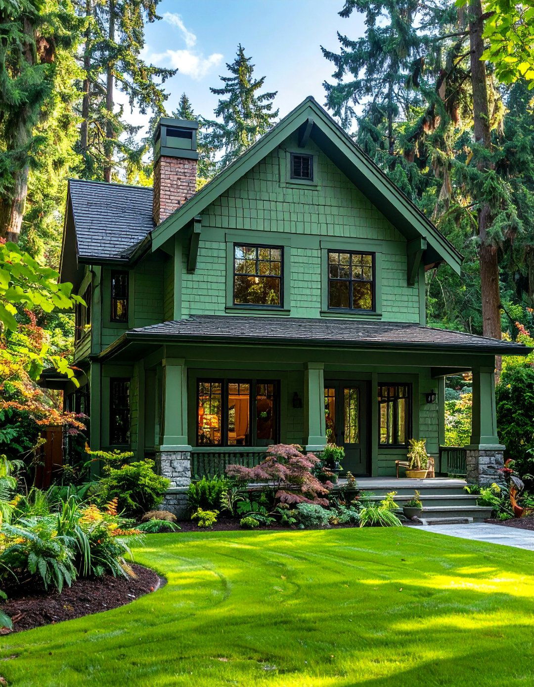 A Sage Green House with Dark Green Trim - 30 Sage Green House Exterior Ideas for a Calm Look
