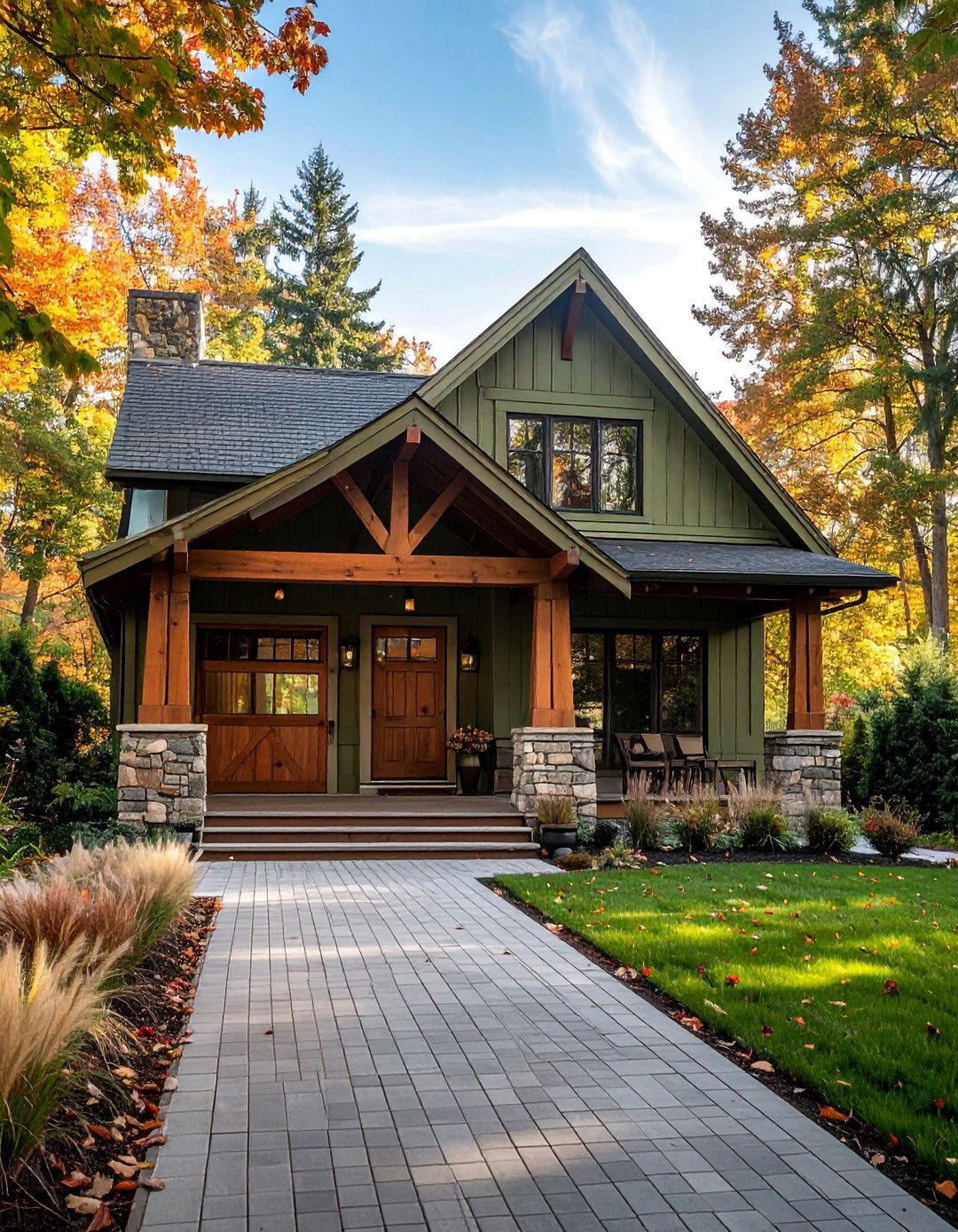 A Sage Green House with Natural Wood Elements - 30 Sage Green House Exterior Ideas for a Calm Look