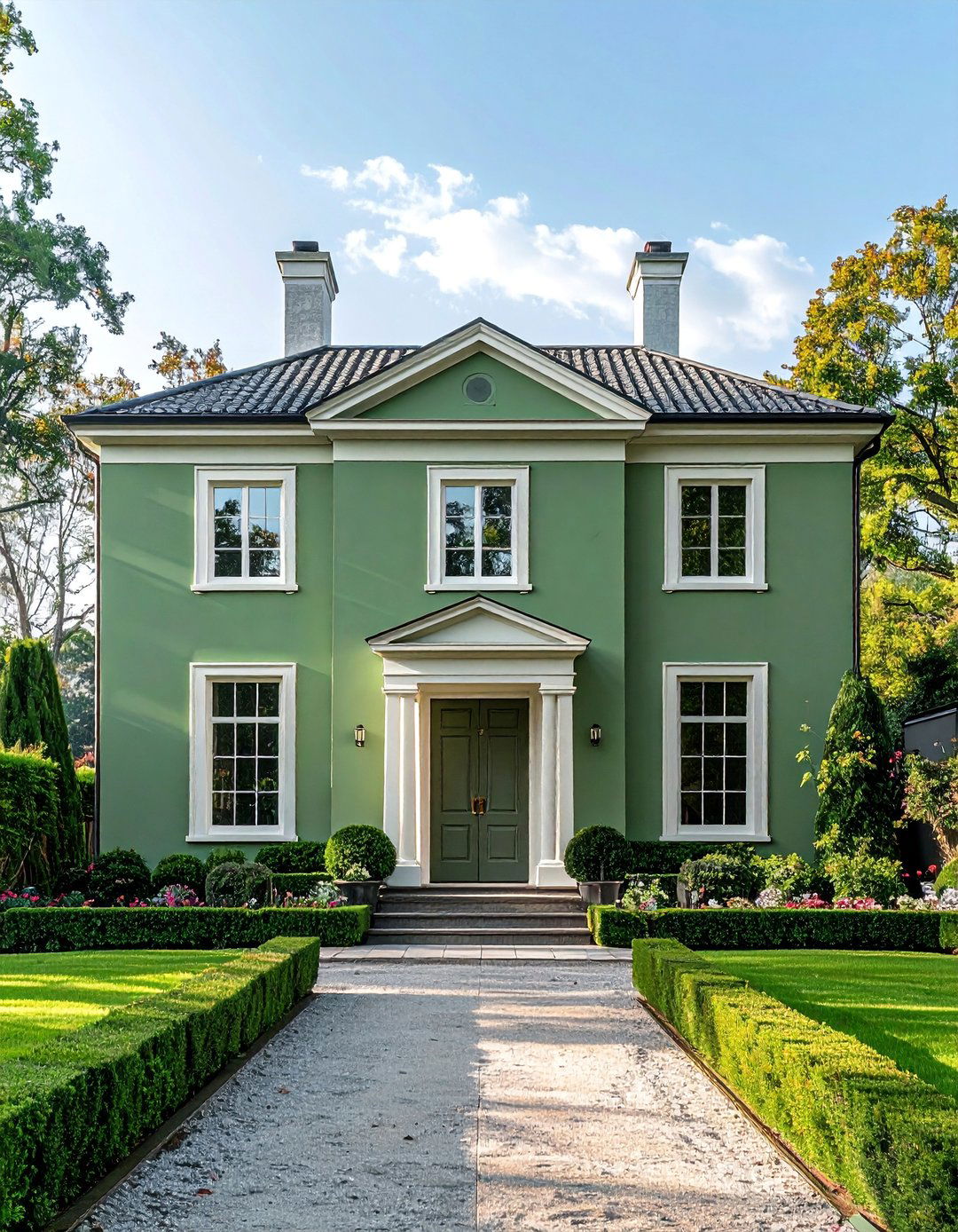 A Sage Green House with Symmetrical Design - 30 Sage Green House Exterior Ideas for a Calm Look