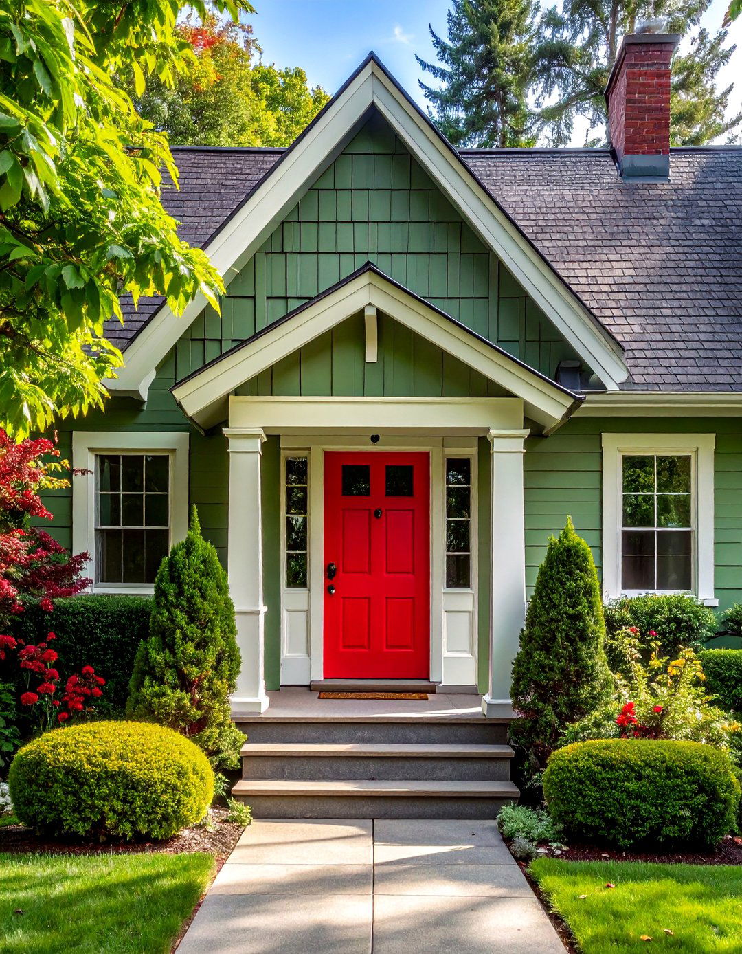 A Sage Green House with a Bold Red Front Door - 30 Sage Green House Exterior Ideas for a Calm Look