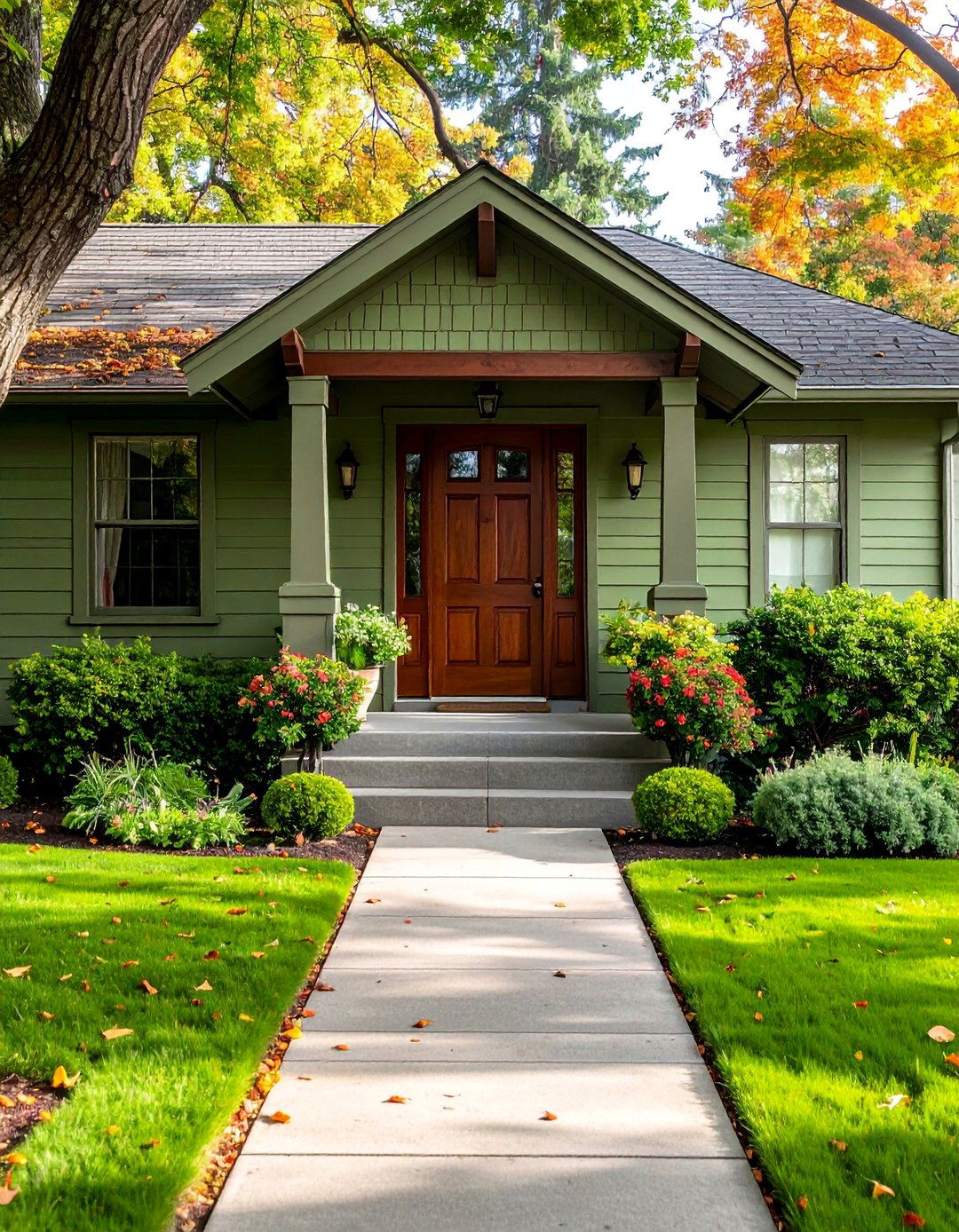 A Sage Green House with a Dark Brown Front Door - 30 Sage Green House Exterior Ideas for a Calm Look