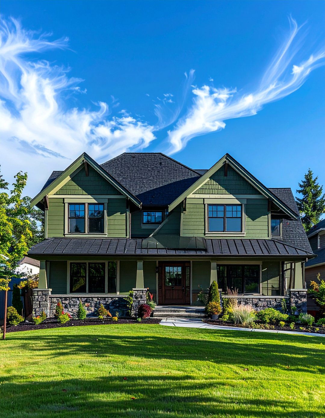A Sage Green House with a Dark Charcoal Roof - 30 Sage Green House Exterior Ideas for a Calm Look