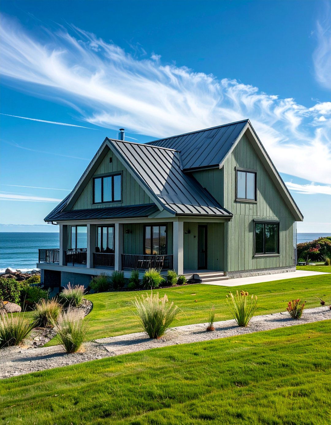 A Sage Green House with a Gray Metal Roof - 30 Sage Green House Exterior Ideas for a Calm Look