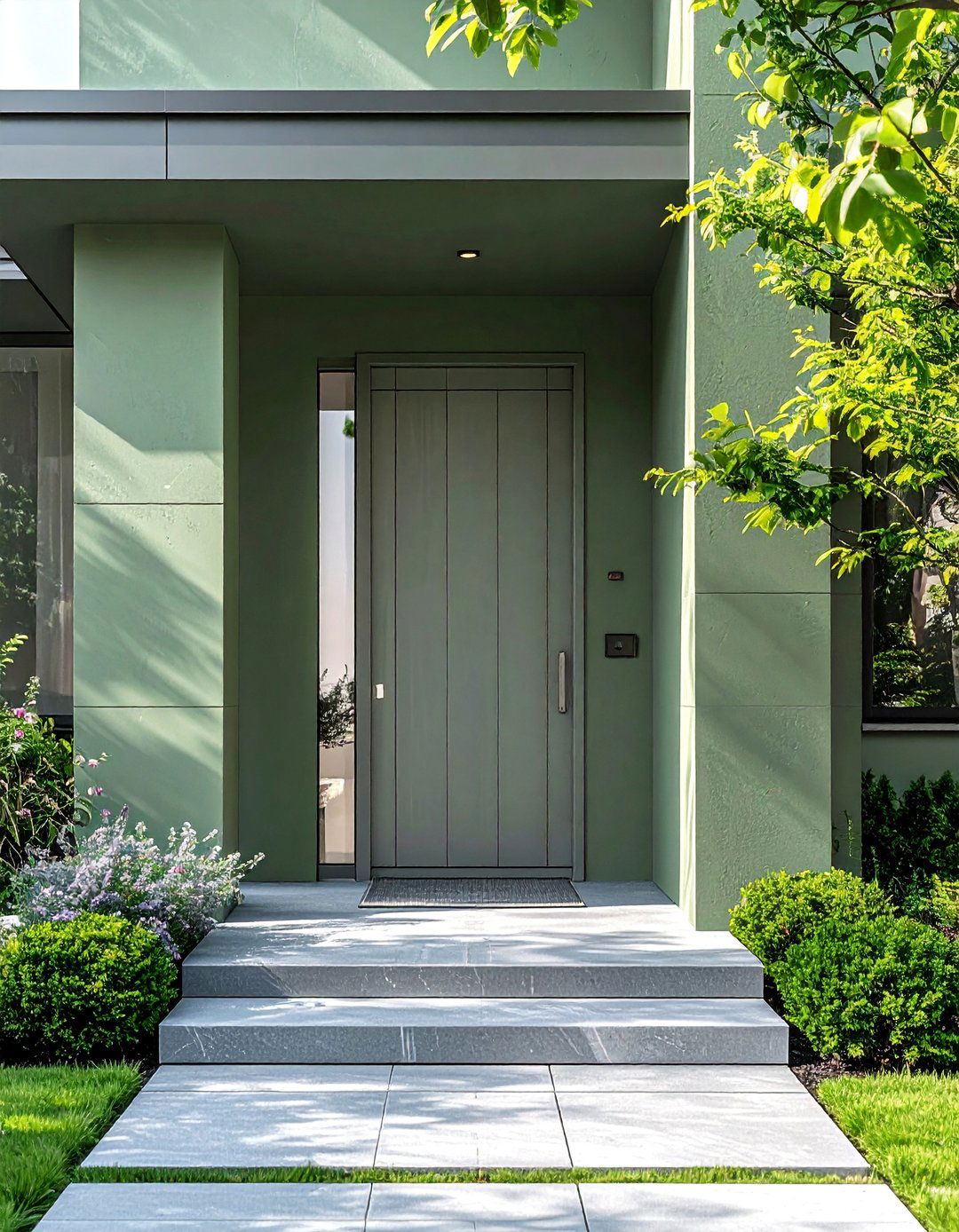 A Sage Green House with a Light Gray Front Door - 30 Sage Green House Exterior Ideas for a Calm Look