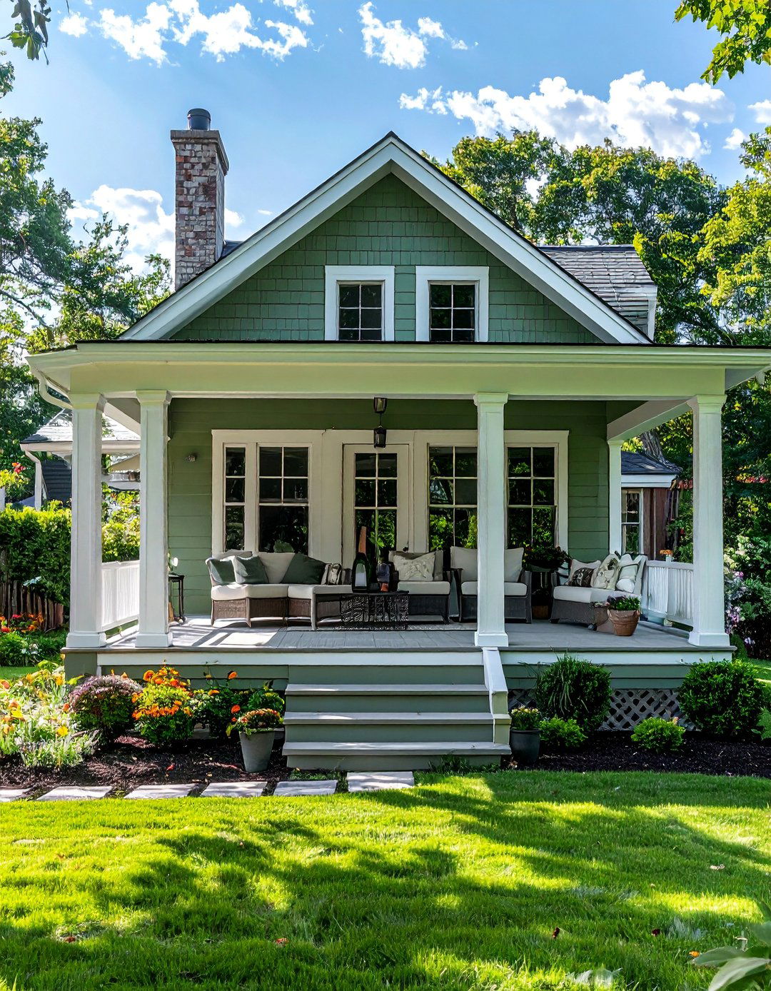 A Sage Green House with a Screened In Porch - 30 Sage Green House Exterior Ideas for a Calm Look