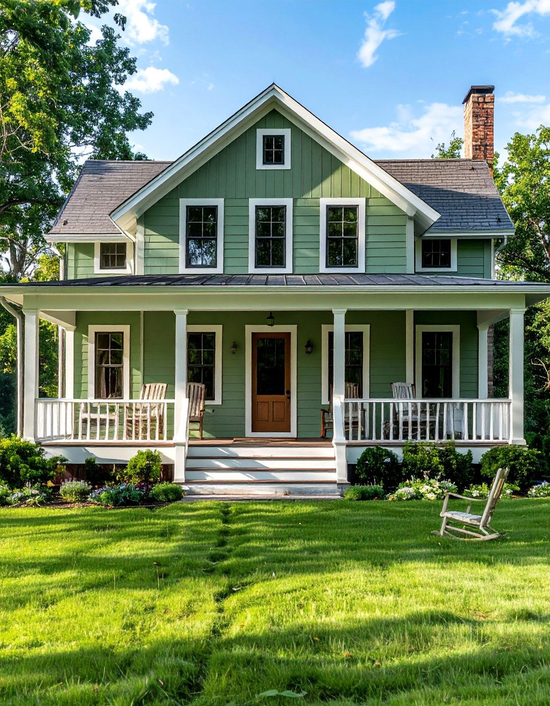 A Sage Green House with a Wraparound Porch - 30 Sage Green House Exterior Ideas for a Calm Look